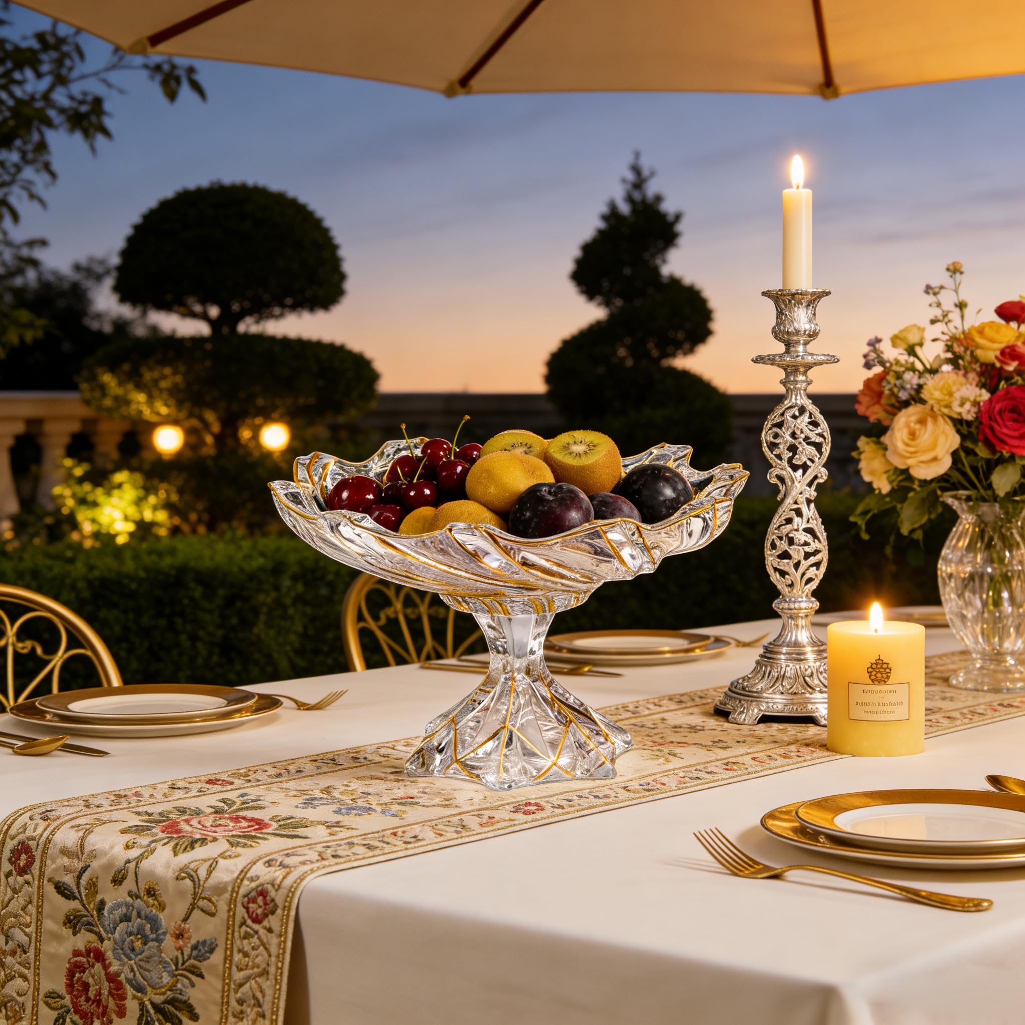 Grand bol décoratif en verre de cristal peint à la main en forme de tourbillon doré - 32 cm de diamètre - Bol en verre sur pied pour comptoir de cuisine et centre de table à manger
