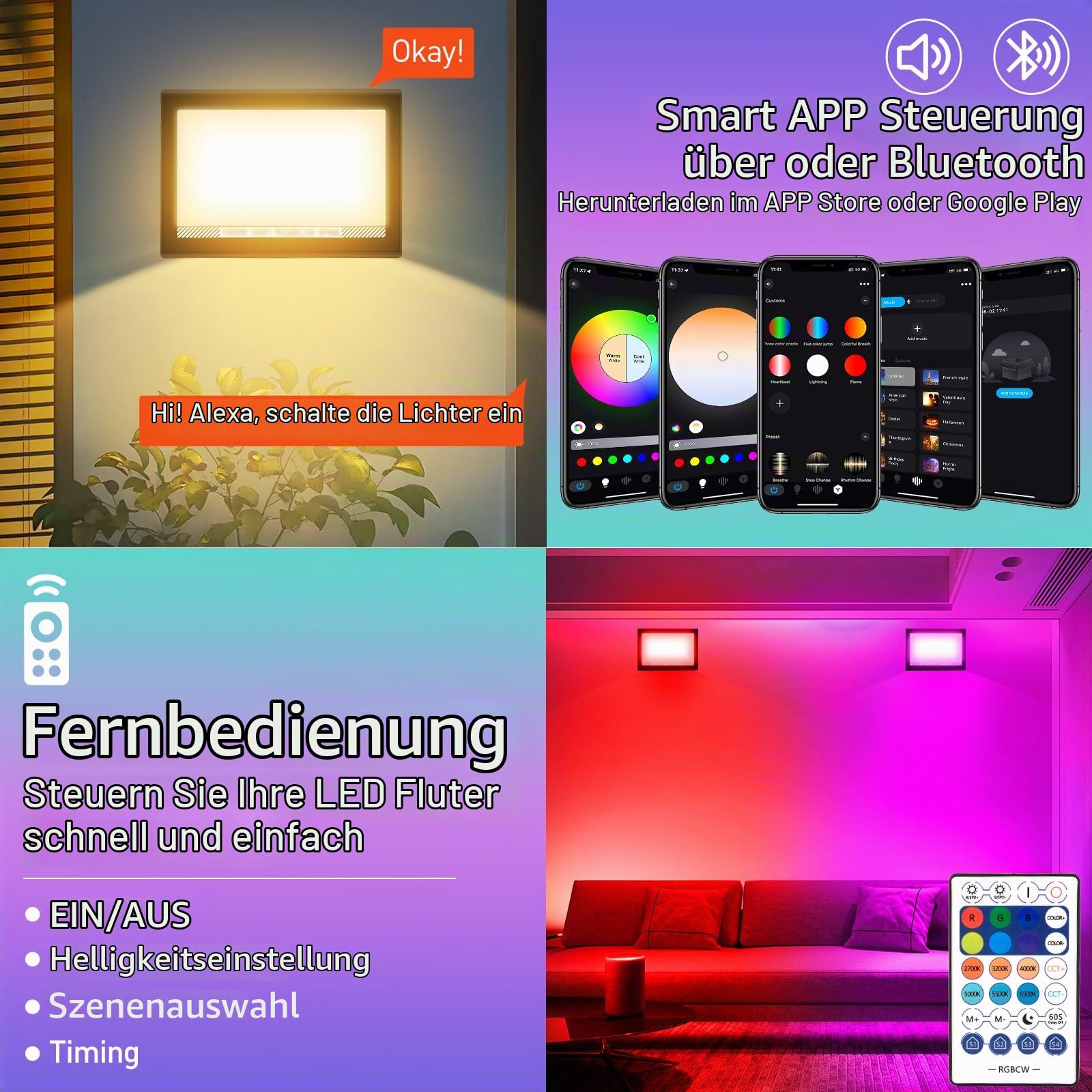 T-SUNUS LED Strahler Außen RGB, 60W RGB Strahler Outdoor Farbig mit Fernbedienung Bluetooth APP, IP66 Wasserdicht für Garten Party Halloween Weihnachten 4 Stück