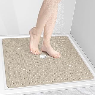 OTHWAY Square Shower Mat, 27"x 27" Extra Large Shower Mats for Inside Shower, TPE Anti Slip Shower Mat with Suction Cups Drain Holes, Machine Washable Shower Floor Mat (Brown)