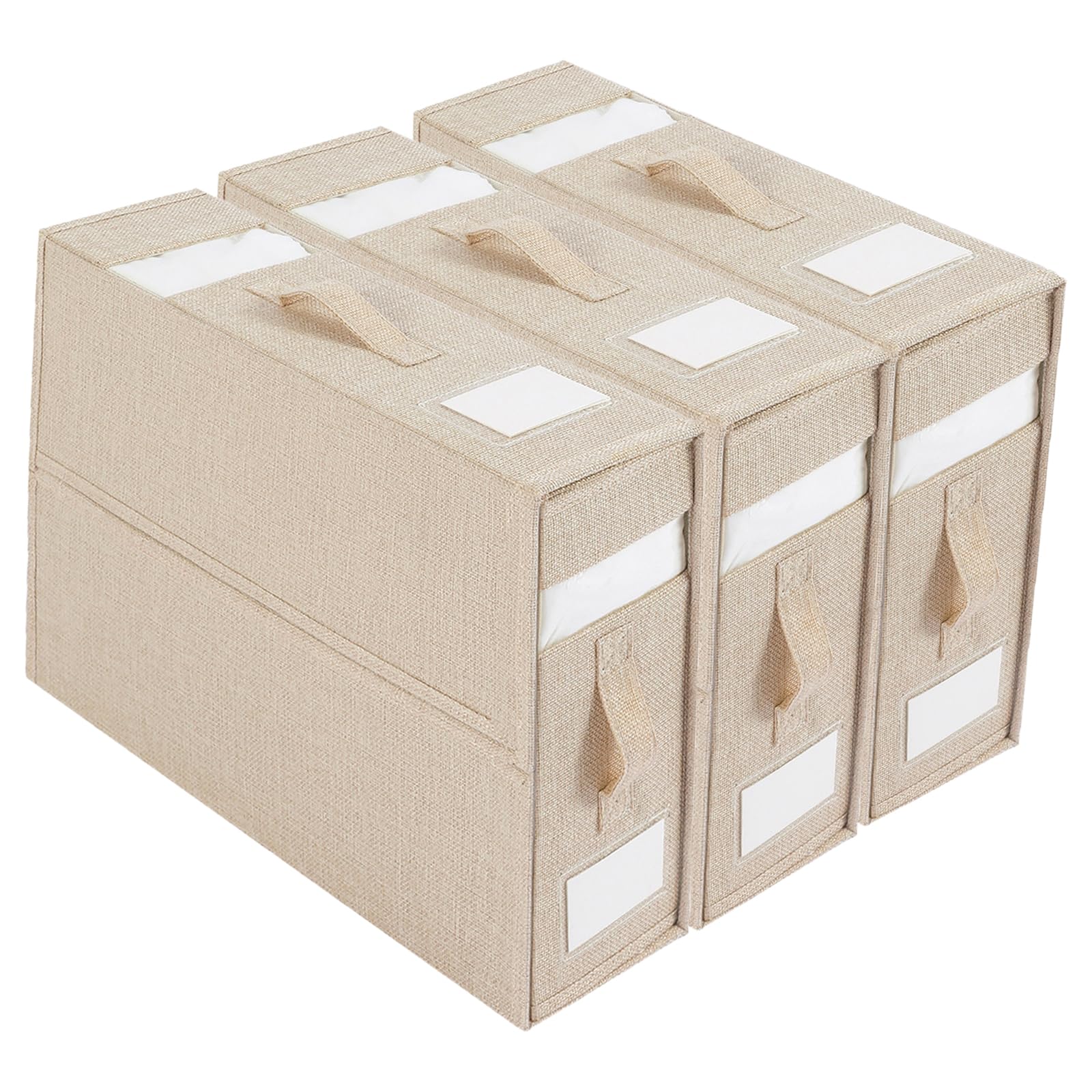 THMINS Bed Sheet Organizers and Storage,3 Pack,Foldable Linen Closet Organizer with Window,and Label,Bedding Folder Storage Box,Container for Blanket,Duvet Cover Set,Bed Sheet Set,beige