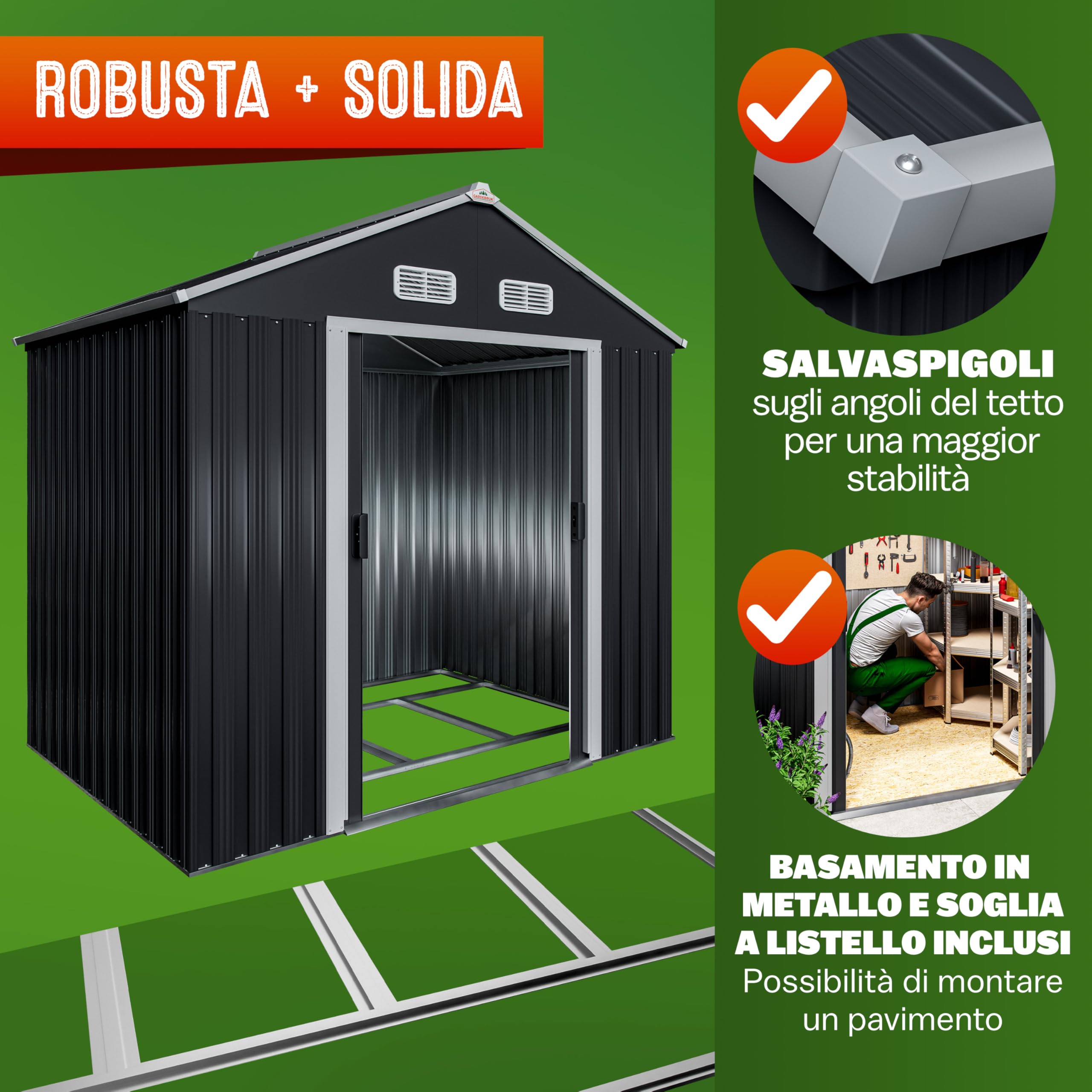 Gardebruk® Casetta per Attrezzi da Giardino XL in Metallo 2m² con Base 196x132x188cm Porta Scorrevole Capanno Antracite con Tetto Capannone da Esterno 4m³