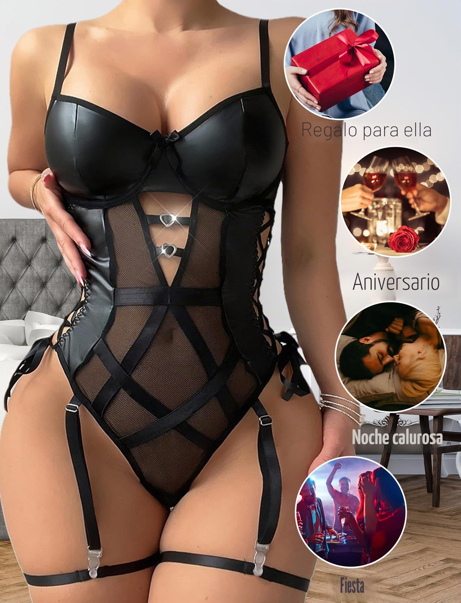 Sexy Lingerie Set Cuero Wetlook Encaje Body Malla Encaje Body Sexy Encantadora Lencería Corsé Ropa Interior