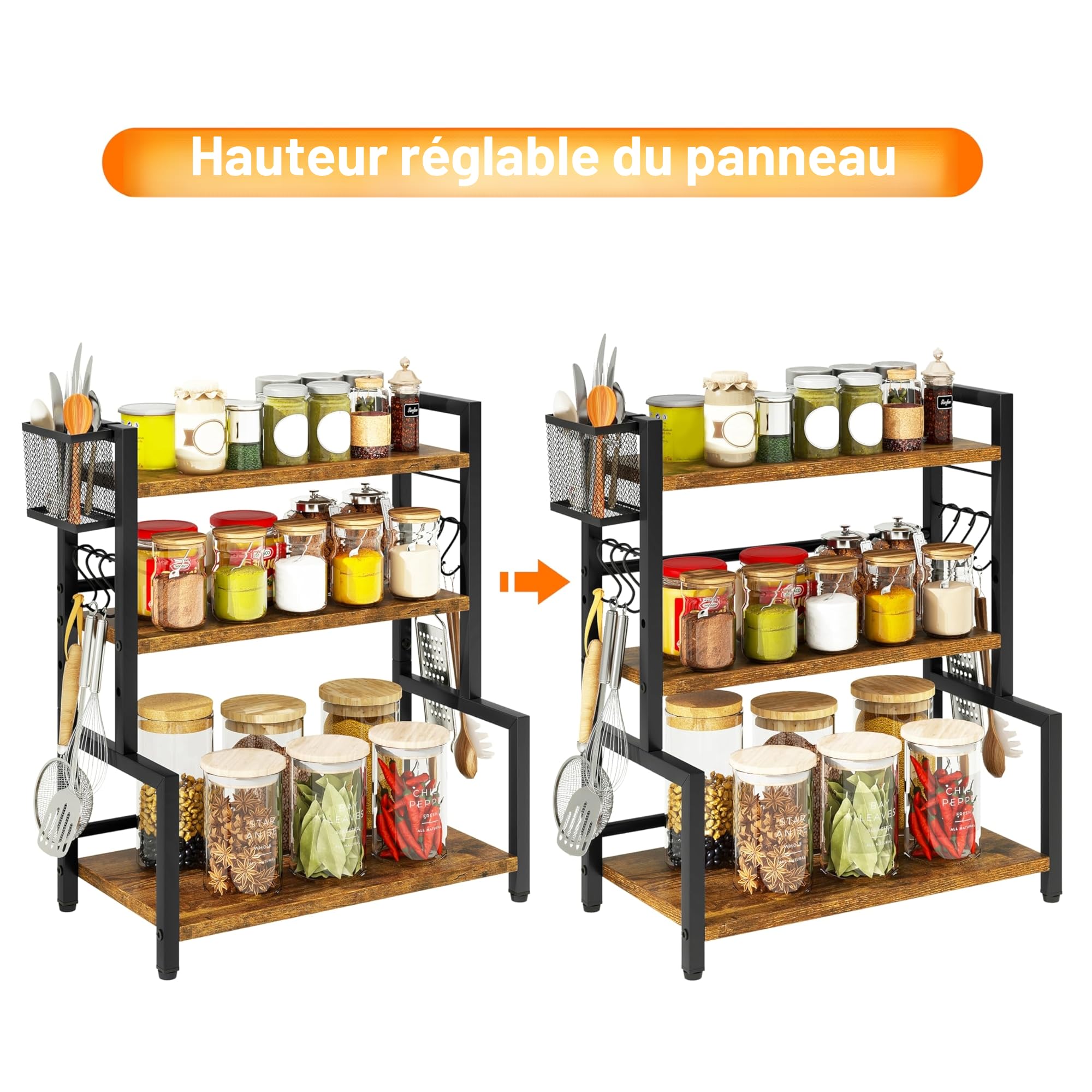YMYNY Porte-épices avec Panier en Métal, Étagère à Épices pour Rangement avec 6 Crochets, Organisateur de Cuisine à 3 Niveaux pour Comptoir, Salle de bain, ‎43 x 24 x 53CM ‎Marron Rustique HSR006H