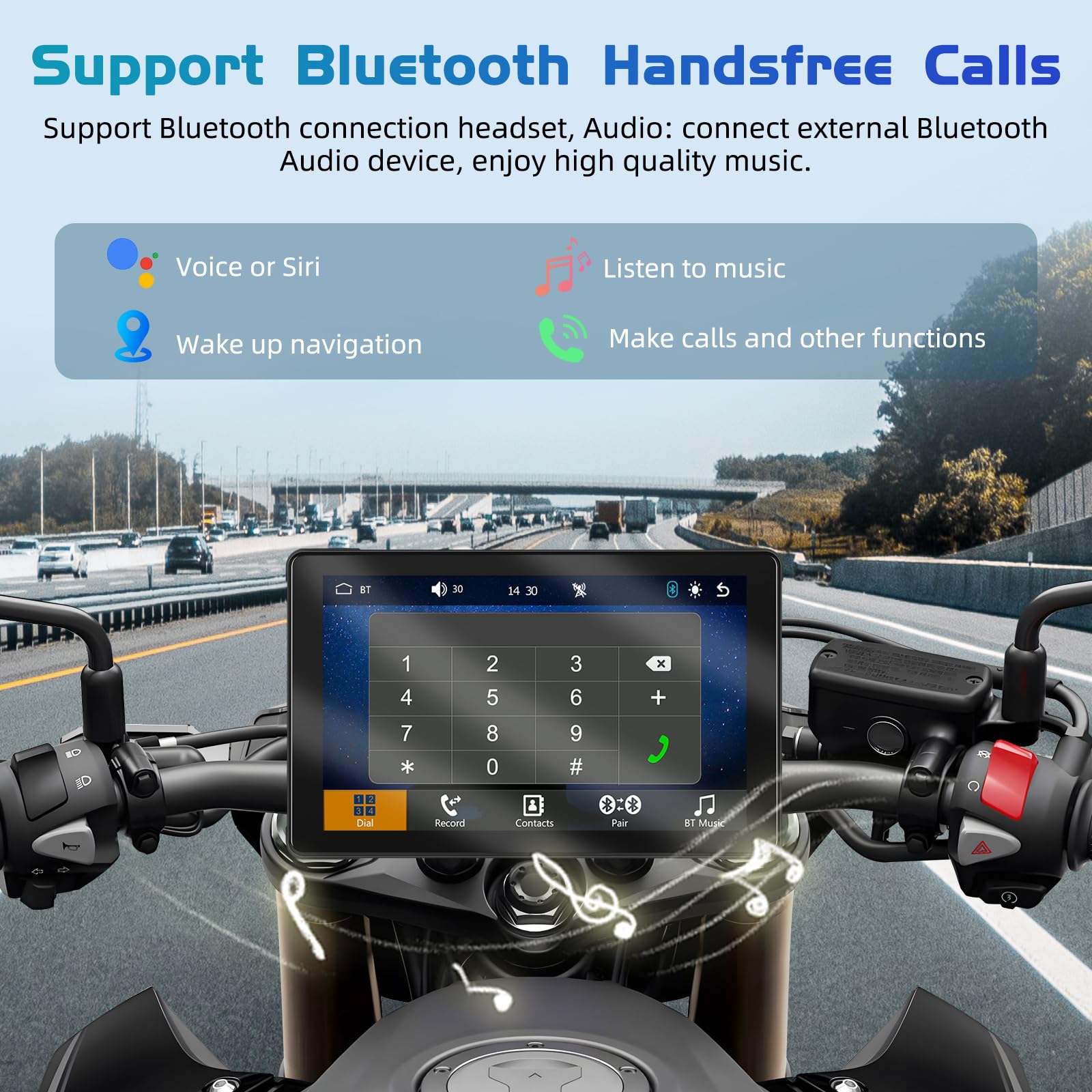 Podofo Motorrad-Navigation mit Kabellosem Carplay Android Auto, 7-Zoll Touchscreen, Portable Motorrad Radio mit Bluetooth, GPS-Navigation, FM-Transmitter, TF-Karte, USB, EQ