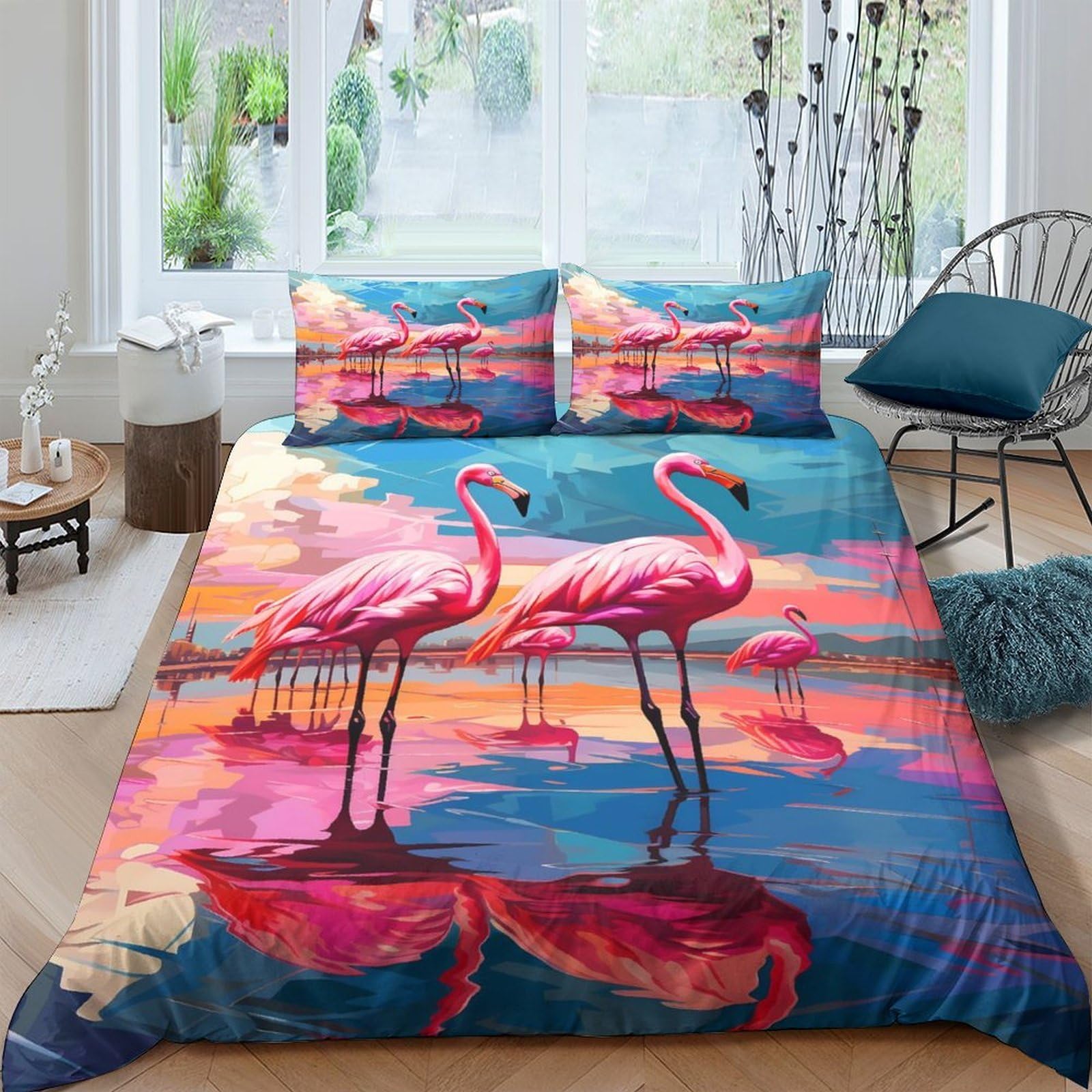Ctjqhvkz Style-4 3D Printed Flamingo Sunset Fitted Sheet Microfiber Soft Pink Blue Mattress Cover For Bedroom Dorm Artistic Decor Single（135X200cm）