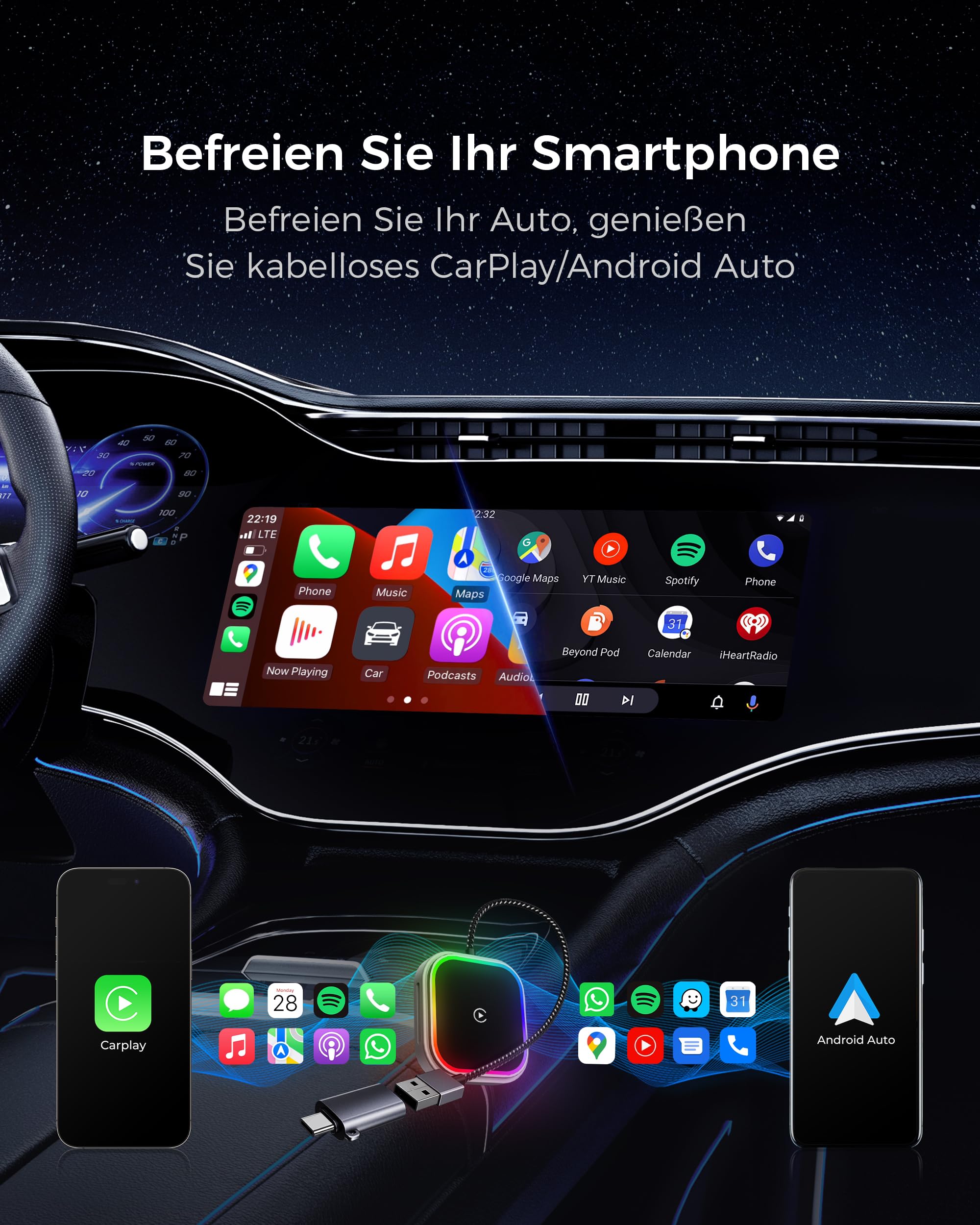 CarPlay und Android Auto Wireless Adapter 2 In 1, V5.3 Bluetooth Stabile Verbindung, Dualband WiFi 6 Schnelle Datenübertragung, USB C/A, für Apple iPhone iOS 10+, Smartphone Android 11+