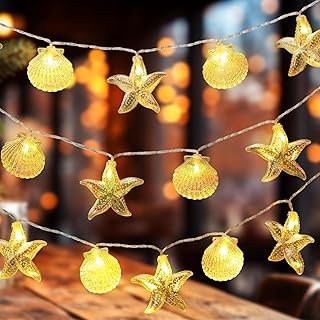 Glooglitter Christmas Ocean Beach String Lights 19.69 ft 40 LED Warm White Waterproof Christmas Starfish Seashell String L...