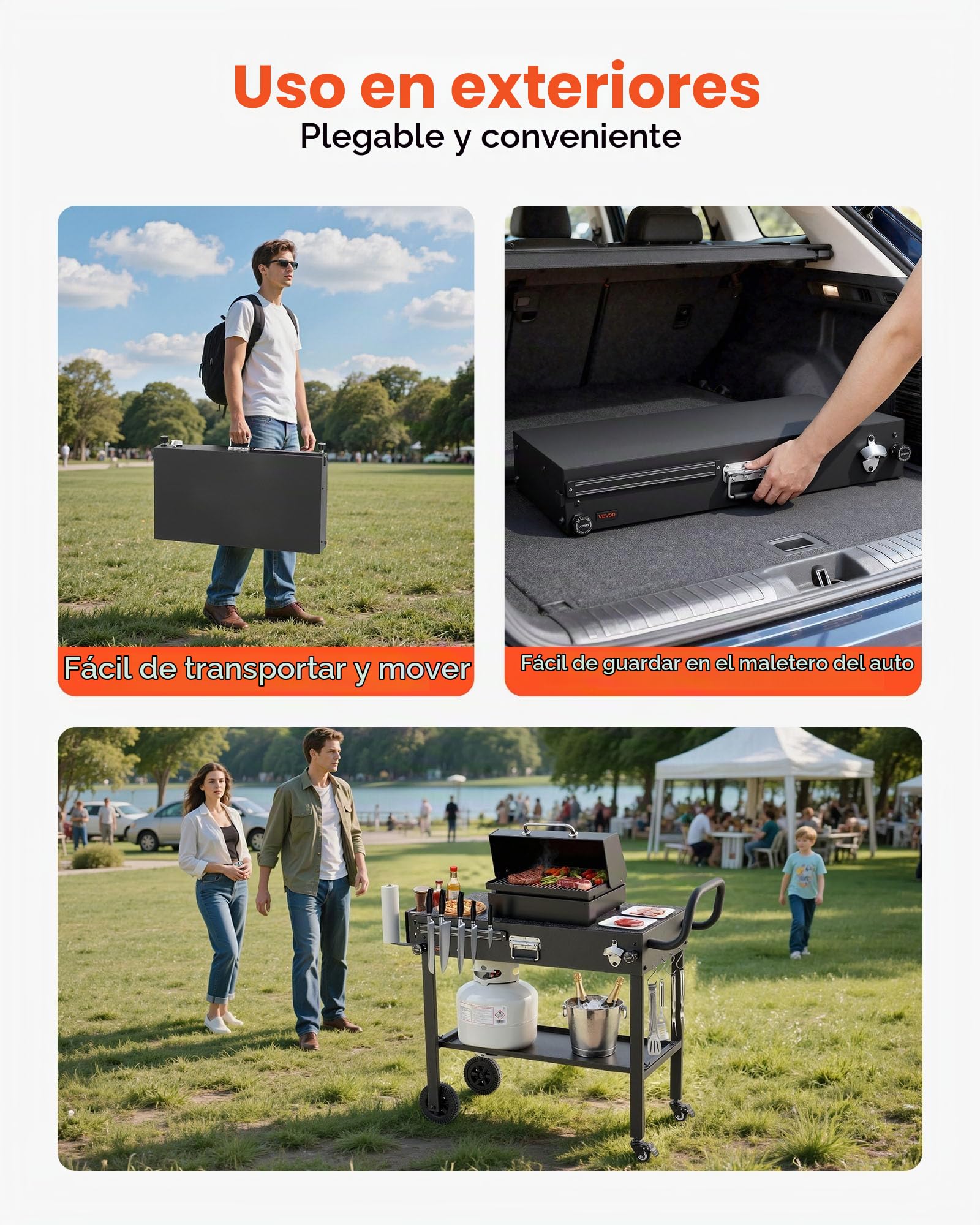 VEVOR Carro de Barbacoa Plegable 787 x 432 mm, Mesa de Barbacoa para Exteriores con Ruedas y Portapañuelos, Carrito con Soporte Magnético para Herramientas, Mesa Auxiliar para Jardín, Picnic, Cocina