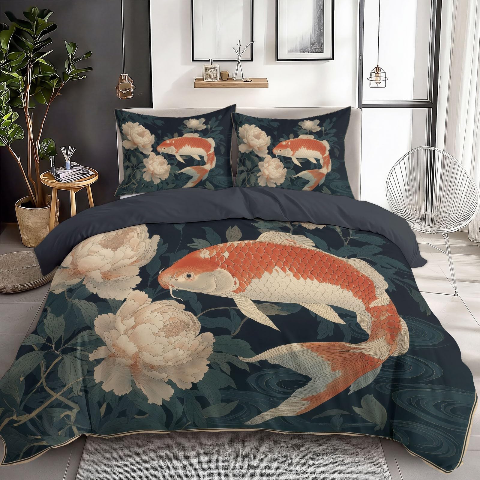 Koi pościel z motywem piwonii 200 x 220 cm, poszewka na kołdrę z zamkiem błyskawicznym, zestaw pościeli dwustronnej z mikrofibry, oddychająca, z zamkiem błyskawicznym i poszewką na poduszkę 80 x 80 cm