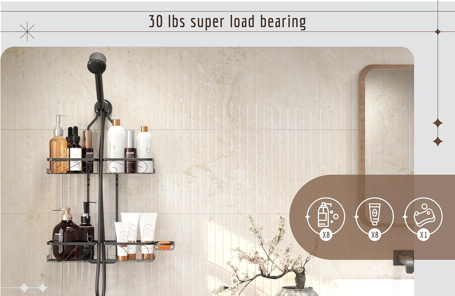 Adjustable Shower Caddy Hanging Rustproof Shower Caddy for Handheld Showerheads, Shower Organizer with Hooks Soap Holder Toothbrush Holder, Anti-Swing Shower Rack Bathroom Accessories, Black (Black)