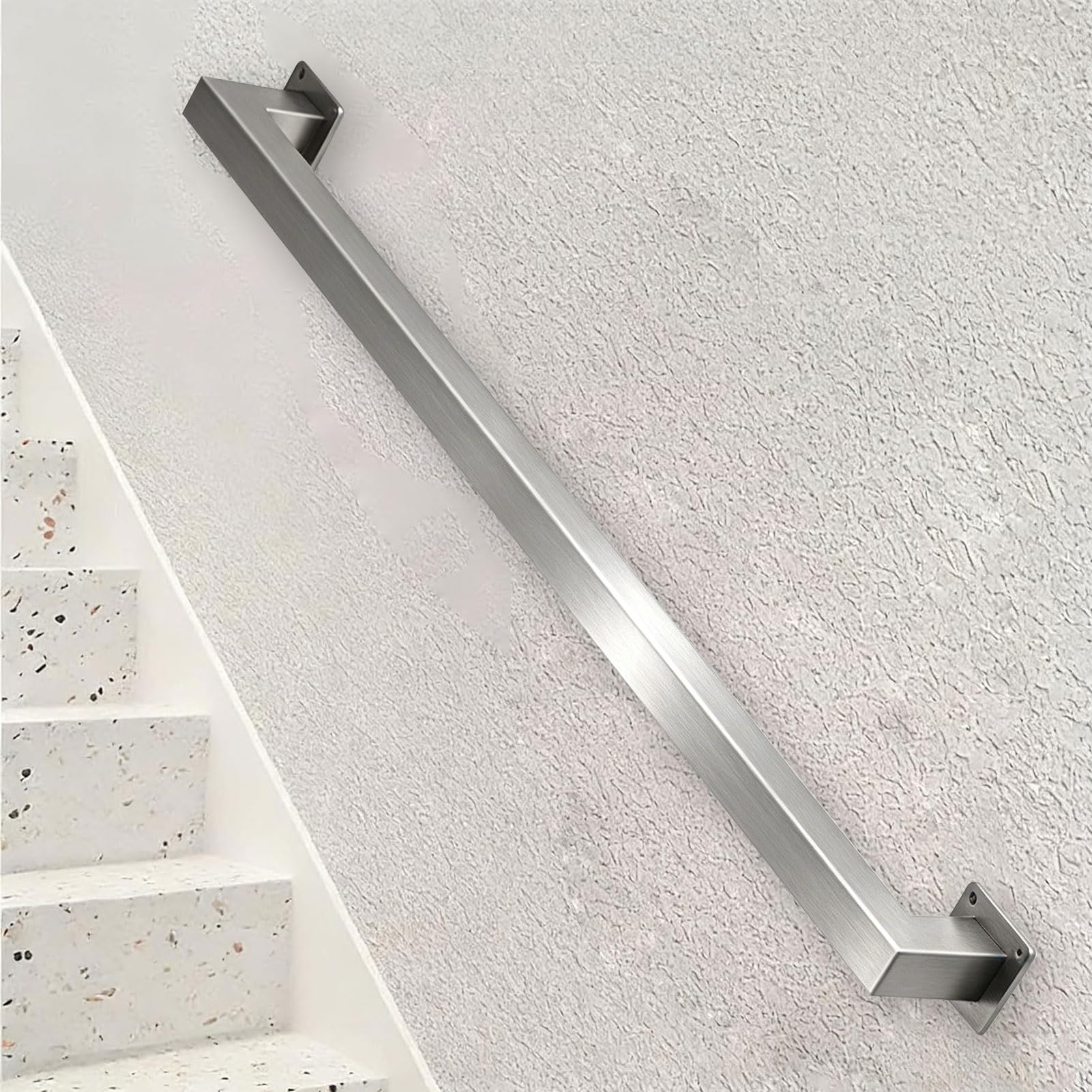 Silver Handrail for Stairs｜Wall Mount Staircase Banisters Railing Stainless Steel Stairway Hand Rail for Indoor Outdoor｜1m 1.5m 2m 2.5m 300cm Square Pipe Handrail(8.2ft/250cm)