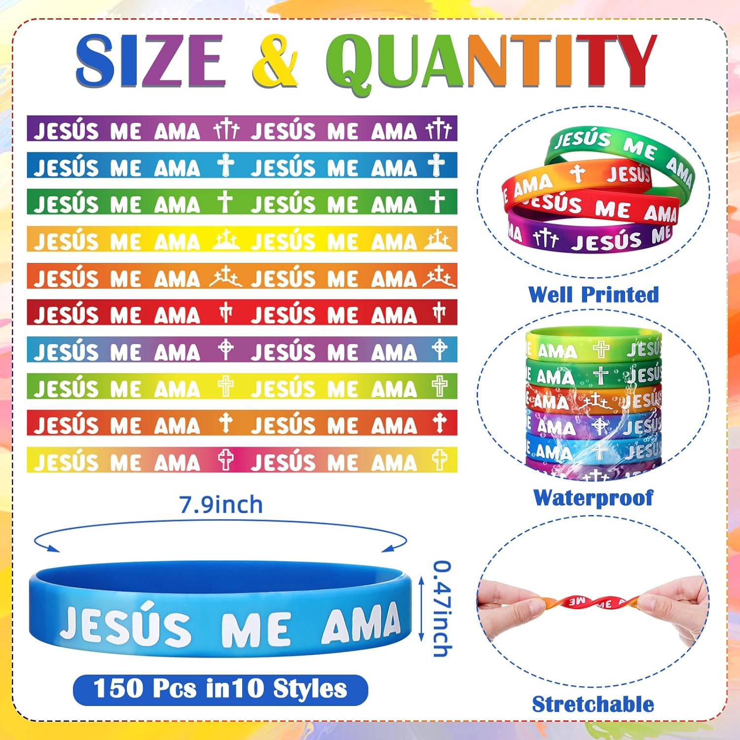 100 Pcs Spanish Jesus Loves Me Wristbands Bulk 10 Styles Rainbow Jesus Me Ama Religious Wristbands Christian Cross Silicone Gift for Missionaries Religious Christian Church Giveaways Group - Image 2