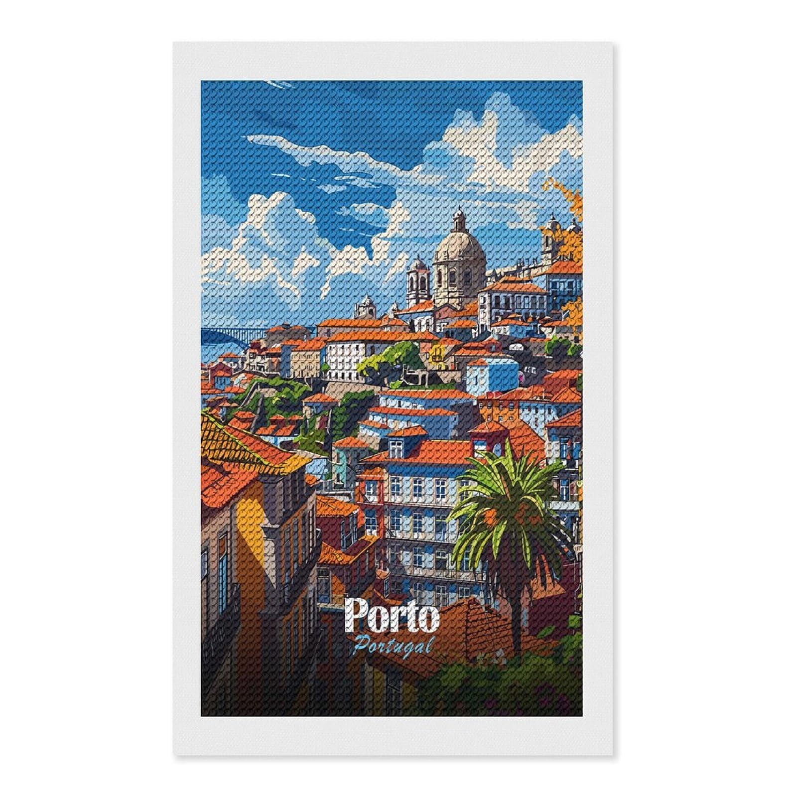 Junmoney Porto Cityscape Diamond Art Canvas 12"x20", for Teens, Nice Detail and Sparkle, Farmhouse Decor, Festive Craft Gift, Easy to Enjoy
