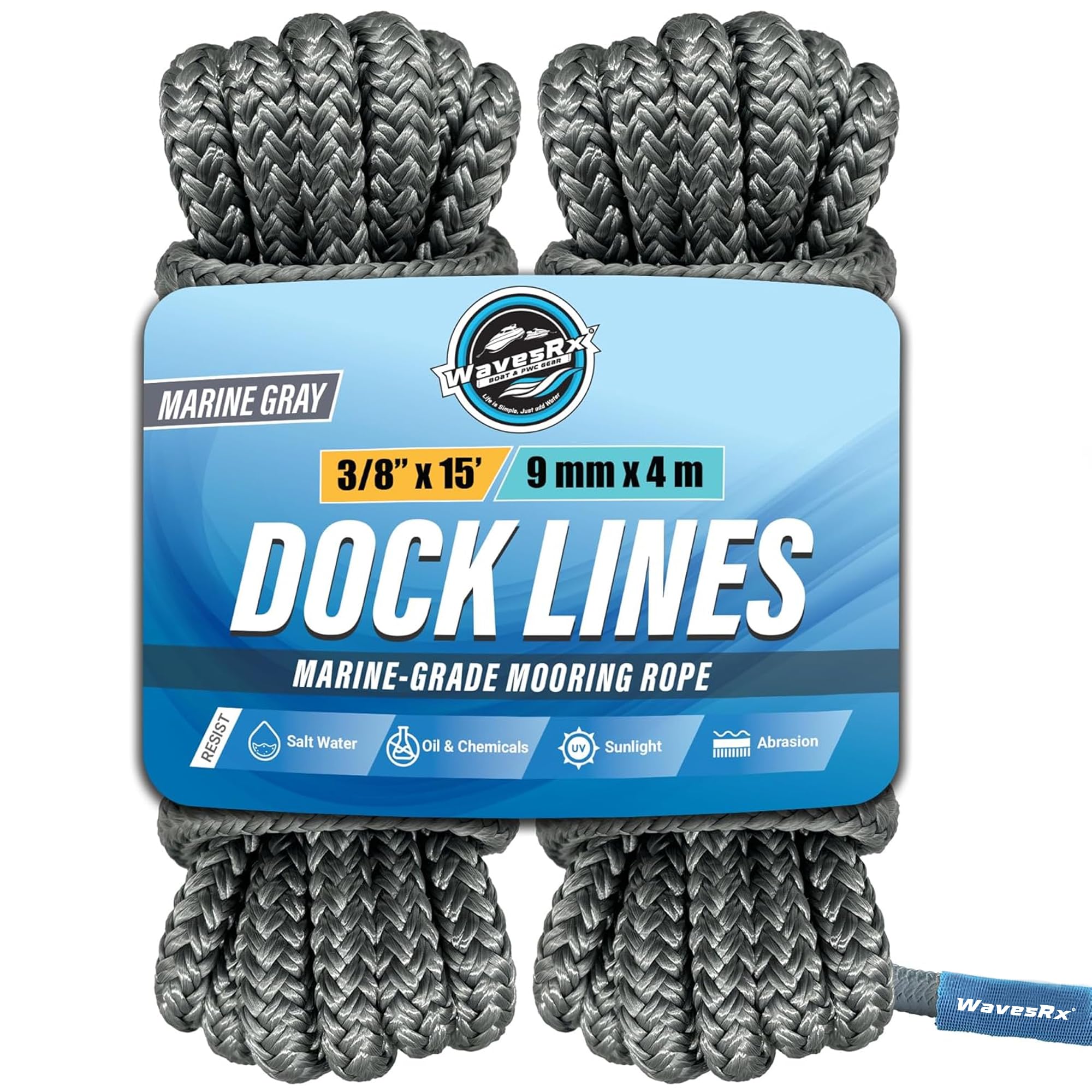 WAVESRX 3/8' x 15' (2PK) Premium Dock Lines for PWC, Sailboats & Pontoon - Double Braided Nylon Boat Ropes with Loop Marine Rope - UV & Saltwater Resistant Boat Dock Line