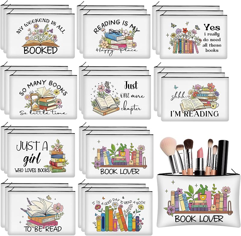 Necessaires de lona com zíper e estampa de livros KOPOOEOE, Pacote com 30