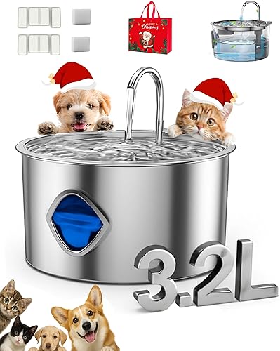 Pawdrate - Fuente de agua para perros pequeños (con 10 filtros, 3.2L108 onzas), fuente de agua silenciosa de acero inoxidable con nivel de agua