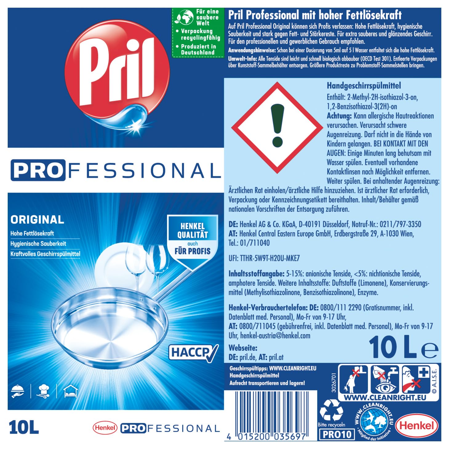 Pril Professional Original Liquide vaisselle à main 10 l – Liquide vaisselle professionnel avec fort pouvoir dégraissant – Pour la restauration et le commerce – Conforme HACCP