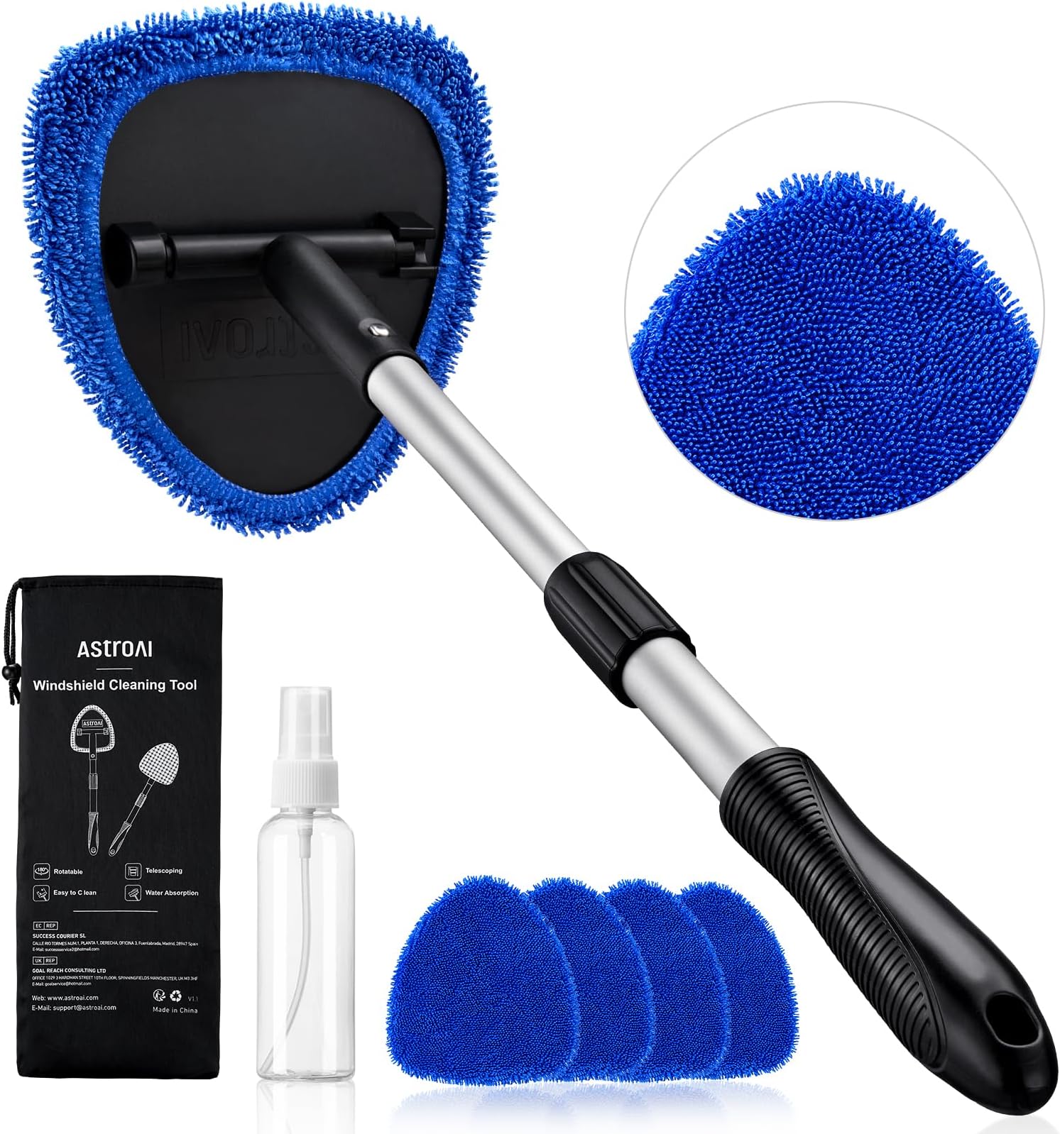AstroAI 21" Extra-Long Windshield Cleaner Tool, Car Interior Detailing Cleaning Kit with Extendable Handle and 4 Upgraded Reusable Microfiber Pads, Auto Glass Wiper Brush Kit for Cars, Blue