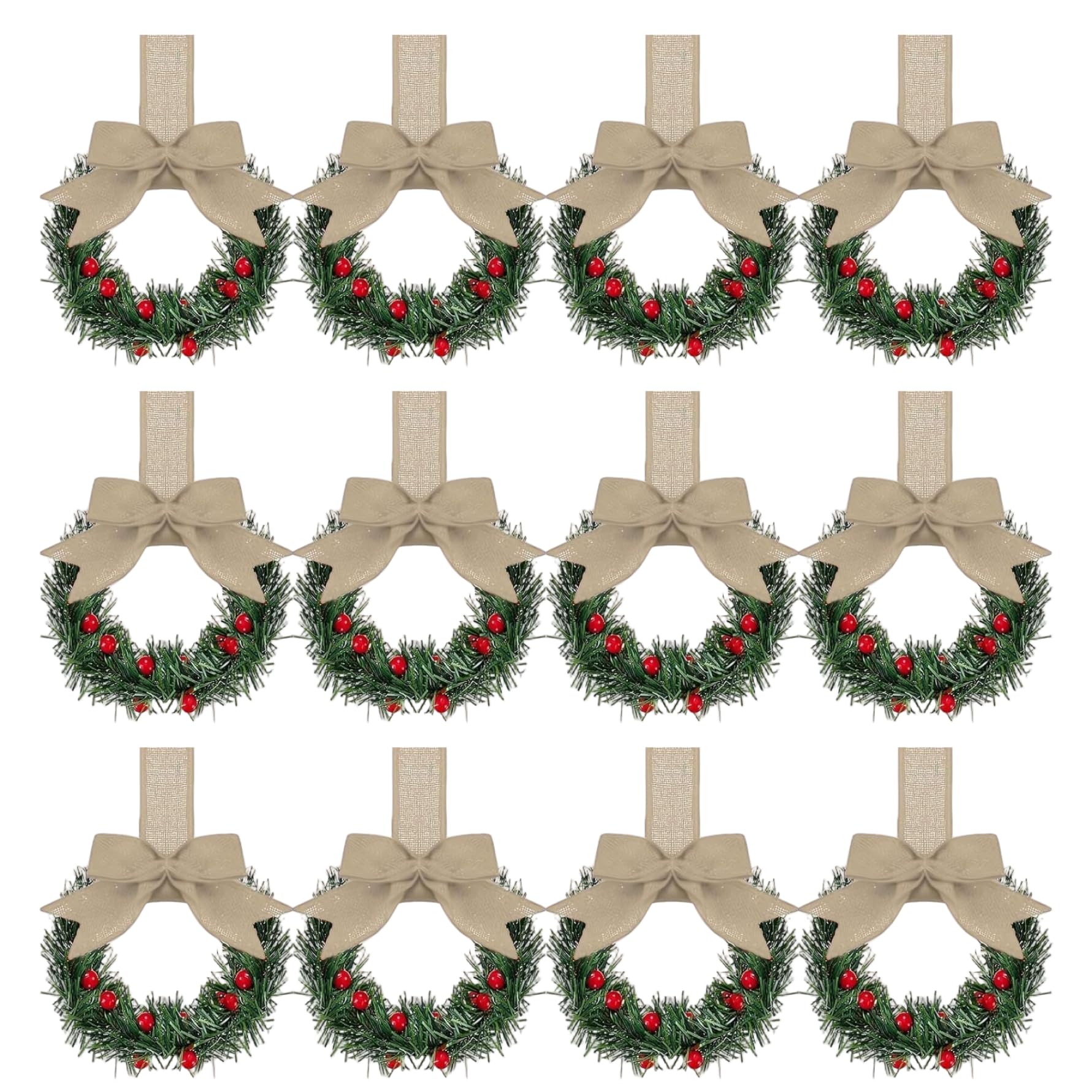 Mini Wreaths for Cabinets 12PCS 6 Inch Small Christmas Wreath with Brown Ribbon Bows and Red Berry for Window Door Farmhouse Christmas Party Decorations Brown