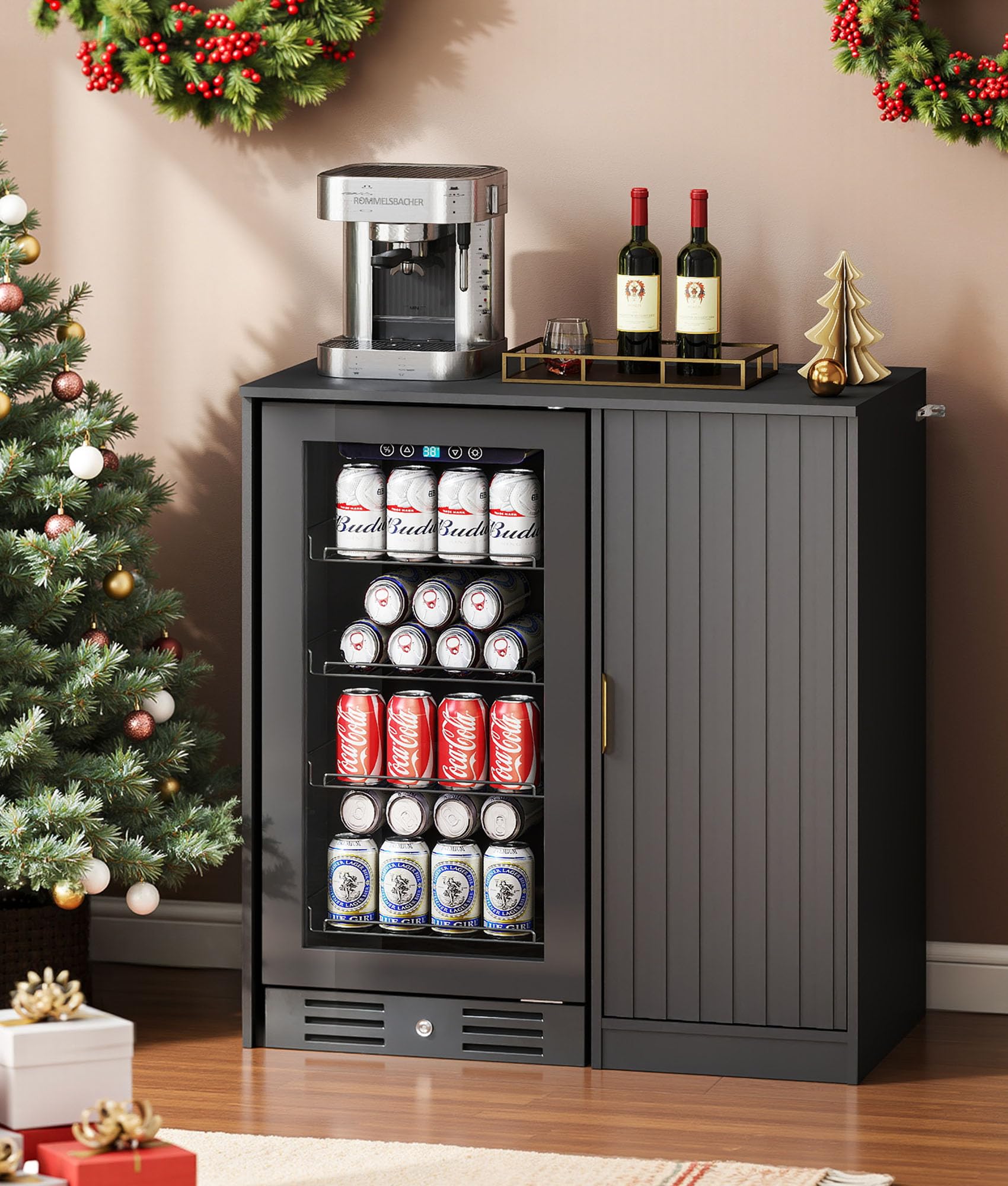 Lamtor Coffee Bar with Mini Fridge Space - Coffee Bar Cabinet with Power Outlet, Fluted Mini Fridge Cabinet with Adjustable Shelf for Kitchen Dining