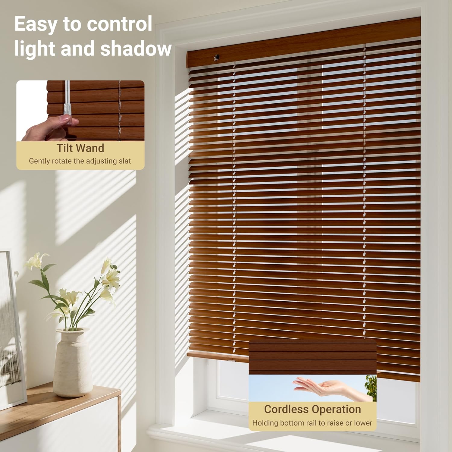 Faux Wood Aluminum Mini Blinds 1 Inch Slats Cordless Room Darkening Metal Venetian Blinds Waterproof Easy Installation Horizontal Blinds for Windows,Doors,Cherrywood,Customize Size