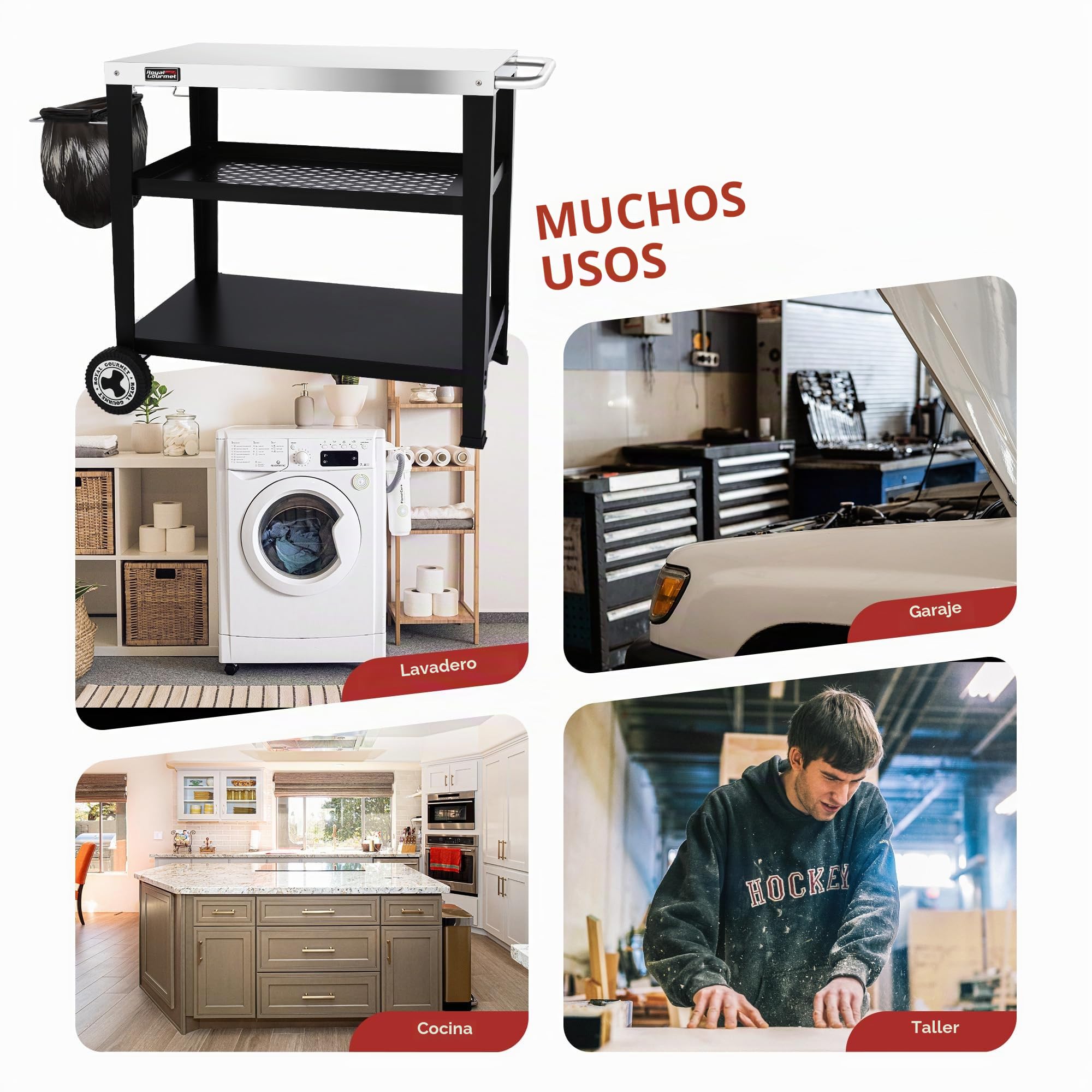 Royal Gourmet Carro de Servir de 3 Niveles con Soporte para Bolsas de Basura, Carrito de Cocina, de Acero Inoxidable, Mesa Auxiliar para Exteriores, Plancha, Mesa de Barbacoa, Carrito con Ruedas,
