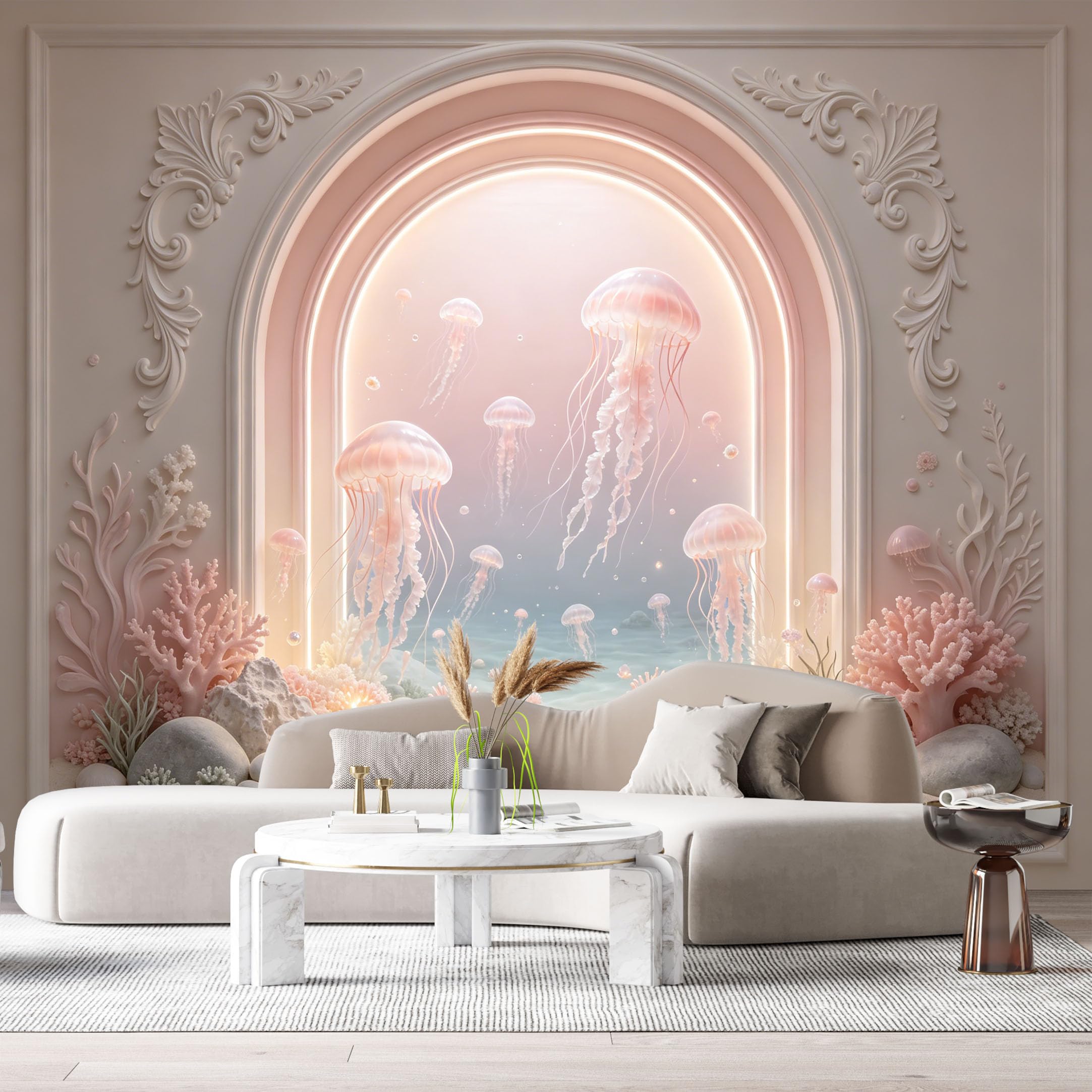 Custom Size Wall Murals Ocean Marine Jellyfish Arch 3D Trompe L'Oeil SelfAdhesiveWall Fabric Removable Wallpaper Wall Decor for Living Room Bedroom Bathroom