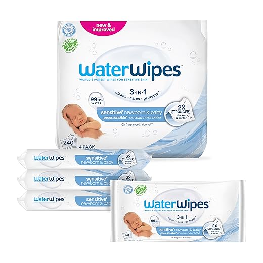 WaterWipes Unscented Baby Wipes, Sensitive and Newborn Skin, 4 Packs (240 Wipes)