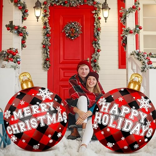Miniatura 7 de 4 bolas inflables gigantes de Navidad de 25 pulgadas, bolas inflables de búfalo rojo y negro, adornos inflables gigantes para Navidad al aire libre,