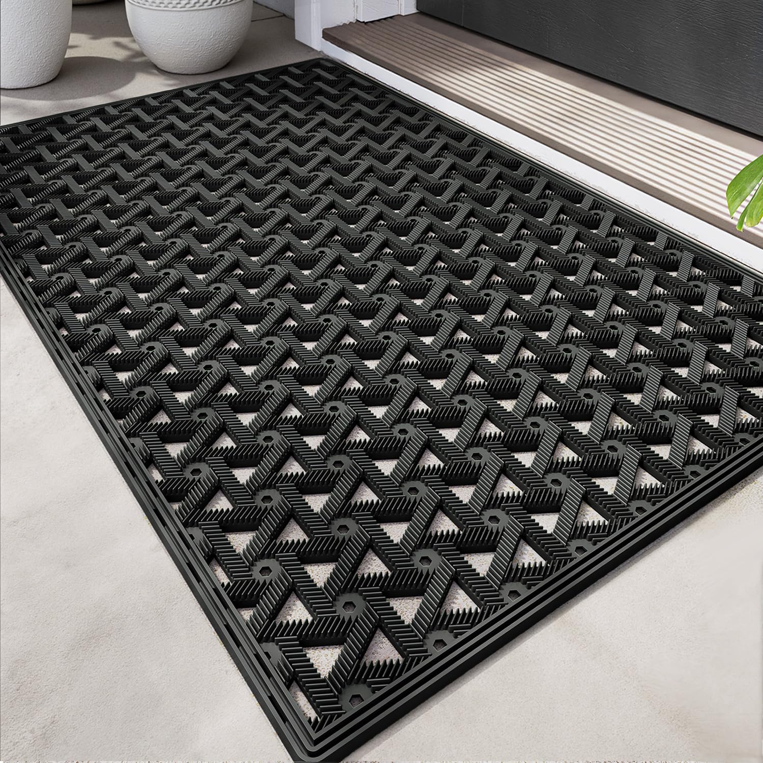 DEXI Outdoor Door Mat 61 x 91 cm, Non Slip Dirt Trapper Doormats Waterproof with Drainage Holes, Low Profile Entry Mats for Entrance, Patio, Garden, Black