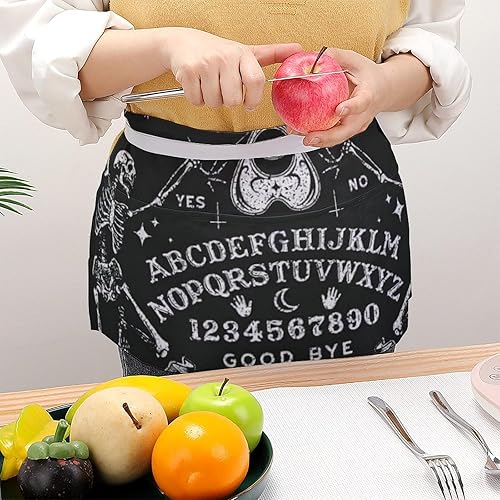 Miniatura 4 de Black Gothic Skeleton Magic Witch Ouija Board Waist Half Delantal divertido delantal de camarera con bolsillos y correa de cintura larga
