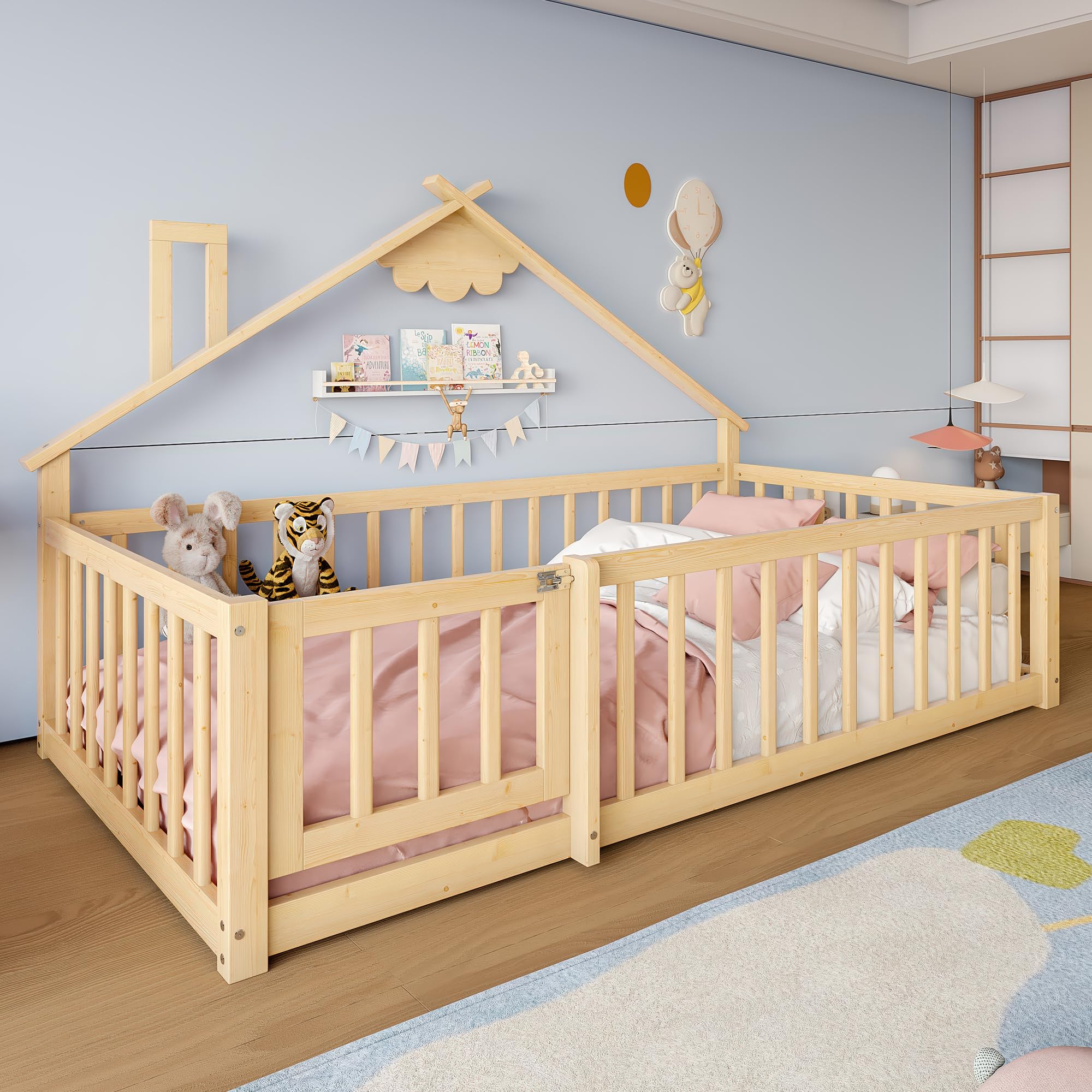 Montessori cama de suelo 90 x 190 cm, cama infantil con protección anticaídas, incluye somier y puerta, cama juvenil individual para niñas y niños