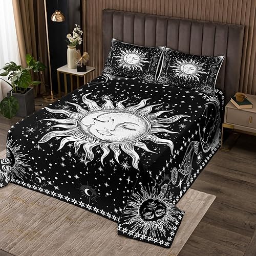 Erosebridal Juego de colcha de sol y luna, juego de ropa de cama psicodélico de galaxia mística, tamaño King, colcha de cielo estrellado, juego de