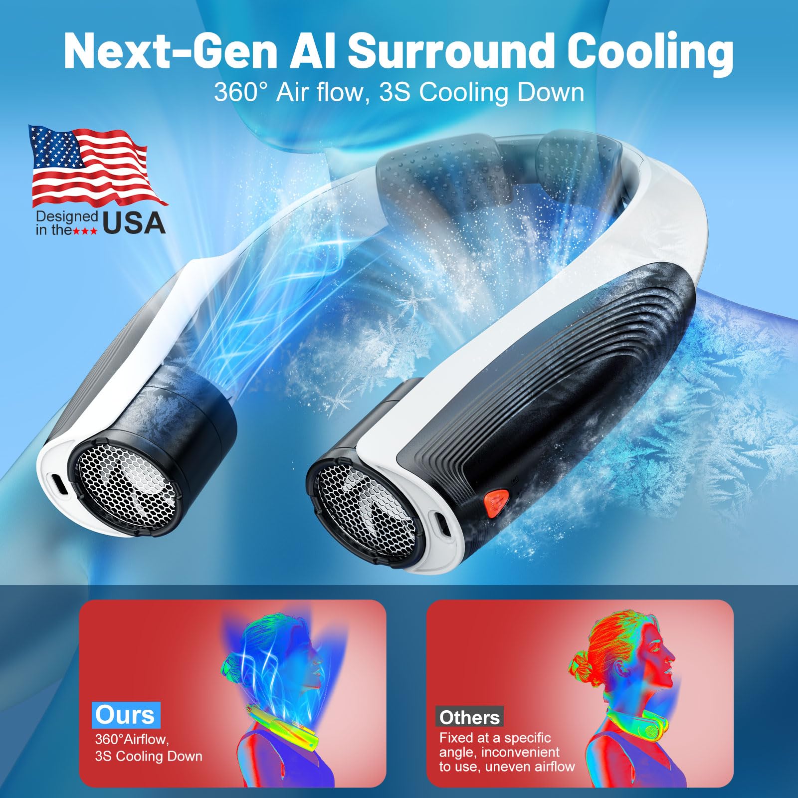 Ventilatore da collo portatile AI con 6 velocità potenti, batteria da 8000mAh, ventilatore ricaricabile USB-C, ventilatore da collo a mani libere con raffreddamento a 360°, girevole, ventilatore