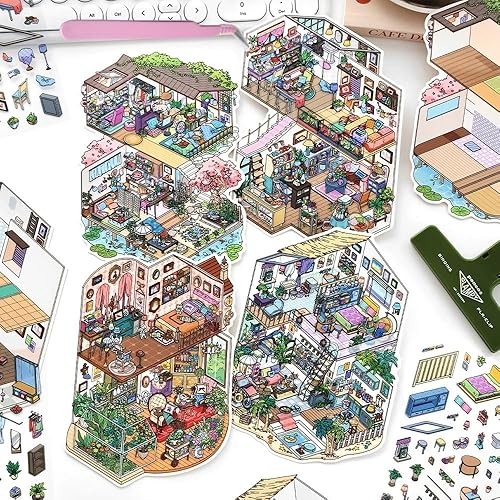4 Sets 3D Sticker Scene,DIY Sticker Therapy for Adult,Make Your Own Scenes Minia
