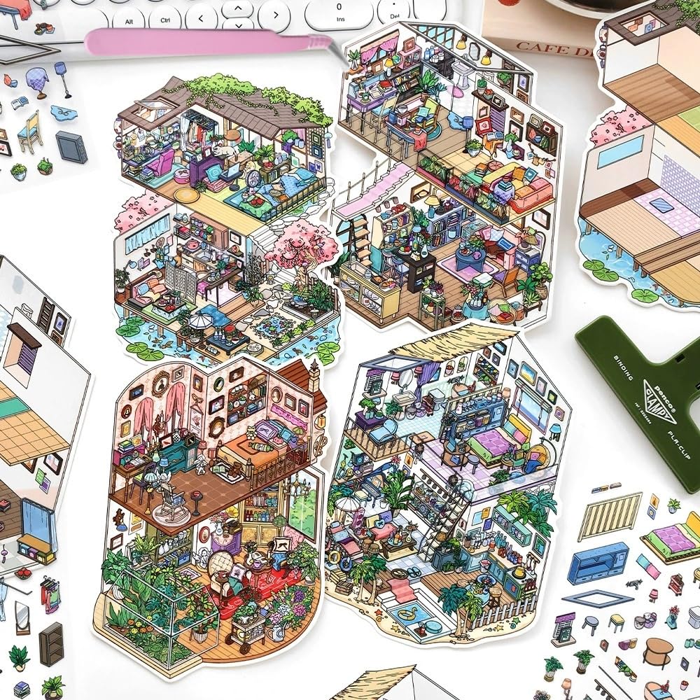 Girls 3D Miniature Scene Stickers,4 Sets DIY House Stickers Cute 3D Cartoon Sticker Scenes for Adult Kids Relief Stress Pass The Time