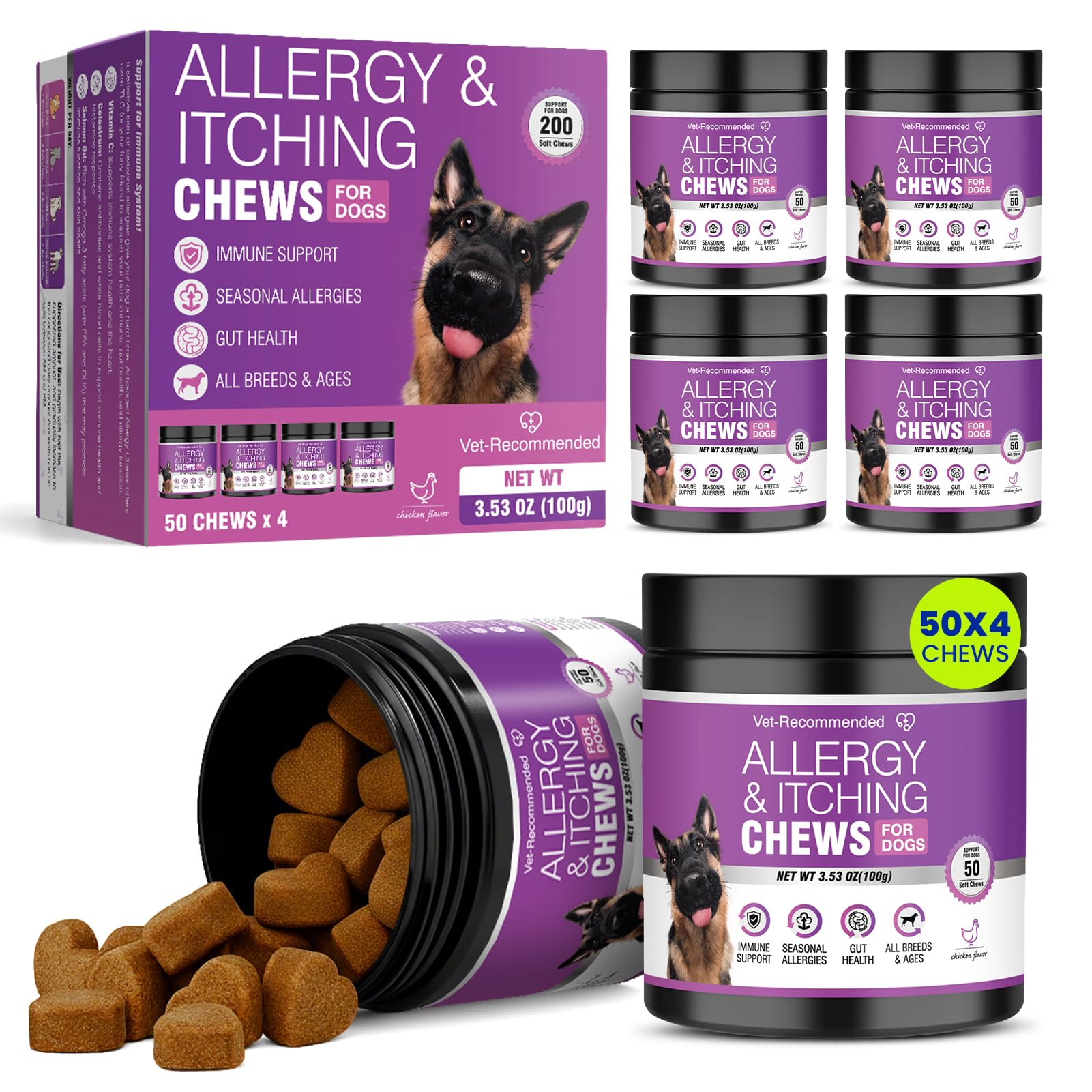 TTLXBL Dog Allergy Chews Dog Itching Skin Relief Chews Dog Itching Allergy Dog Paw Licking Treatment Dry Skin Dog Itchy Paws Relief Probiotic Chews