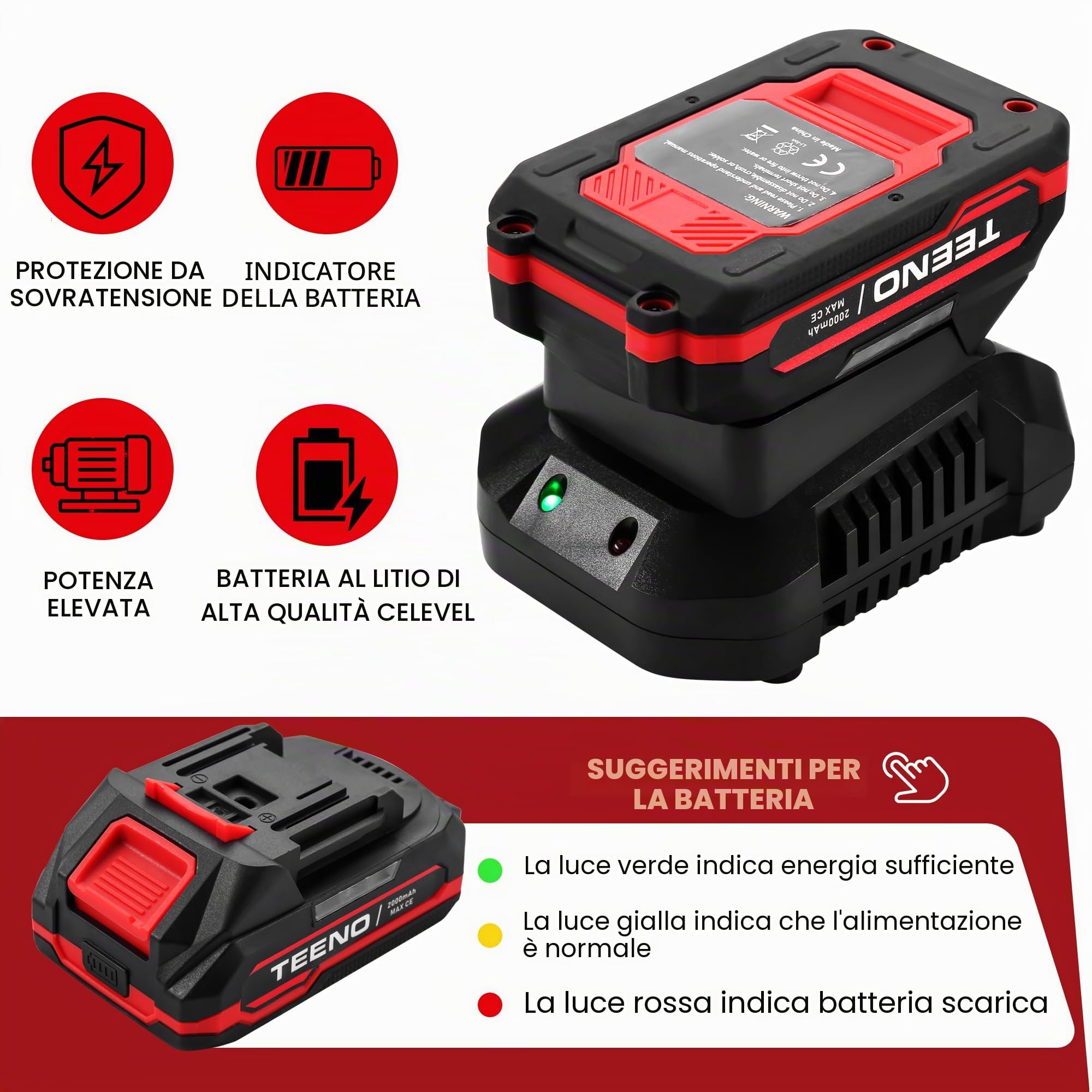 TEENO Martello perforatore senza fili SDS-Plus 20V, Φ14MM in calcestruzzo, 1000 giri/min,Lampada da lavoro a LED con 1 batteria 2.0Ah e 1 caricatore