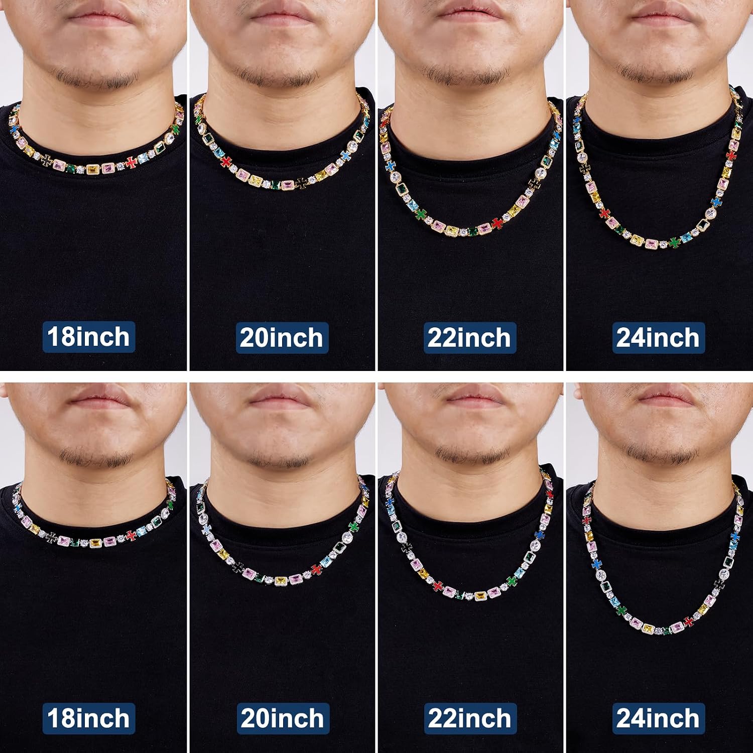 925 Sterling Silver Gemstone Tennis Necklace For Women Men, 8MM, 16-24inches, Cubic Zirconia Birthstone Necklace, 18K Gold Plated Colorful Cross Chain- Birthday Valentines Day Gifts For Her Him