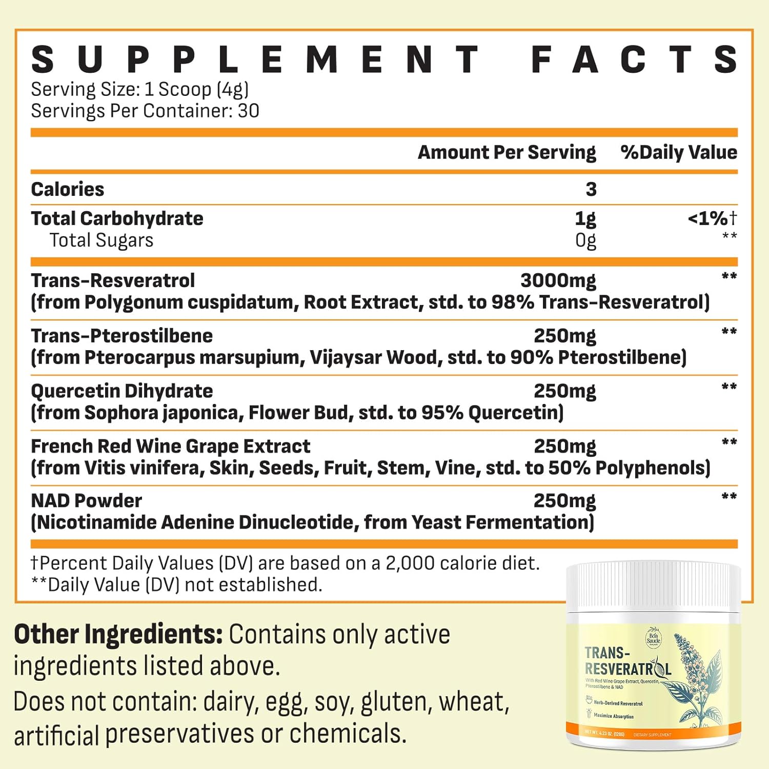 Trans-Resveratrol Powder Supplement with Red Wine Extract, Quercetin, Pterostilbene & NAD, 4.23 OZ, 30-Day Supply