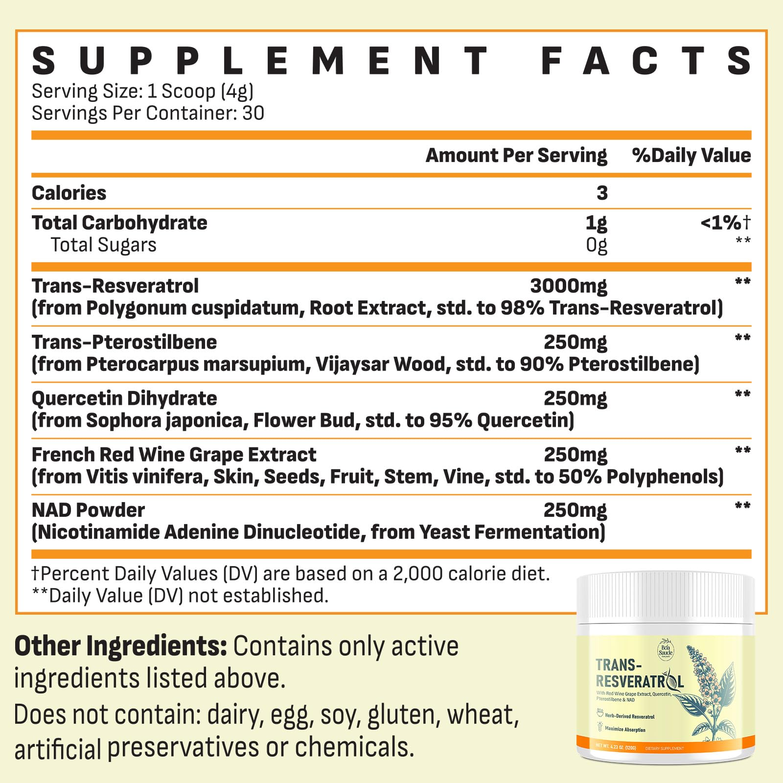Trans-Resveratrol Powder 3000mg, High Potency Resveratrol Supplement with Quercetin, Pterostilbene, NAD & Red Wine Grape Extract, Antioxidant Blend for Cellular Wellness & Longevity, 30 Servings — Amazon image 4