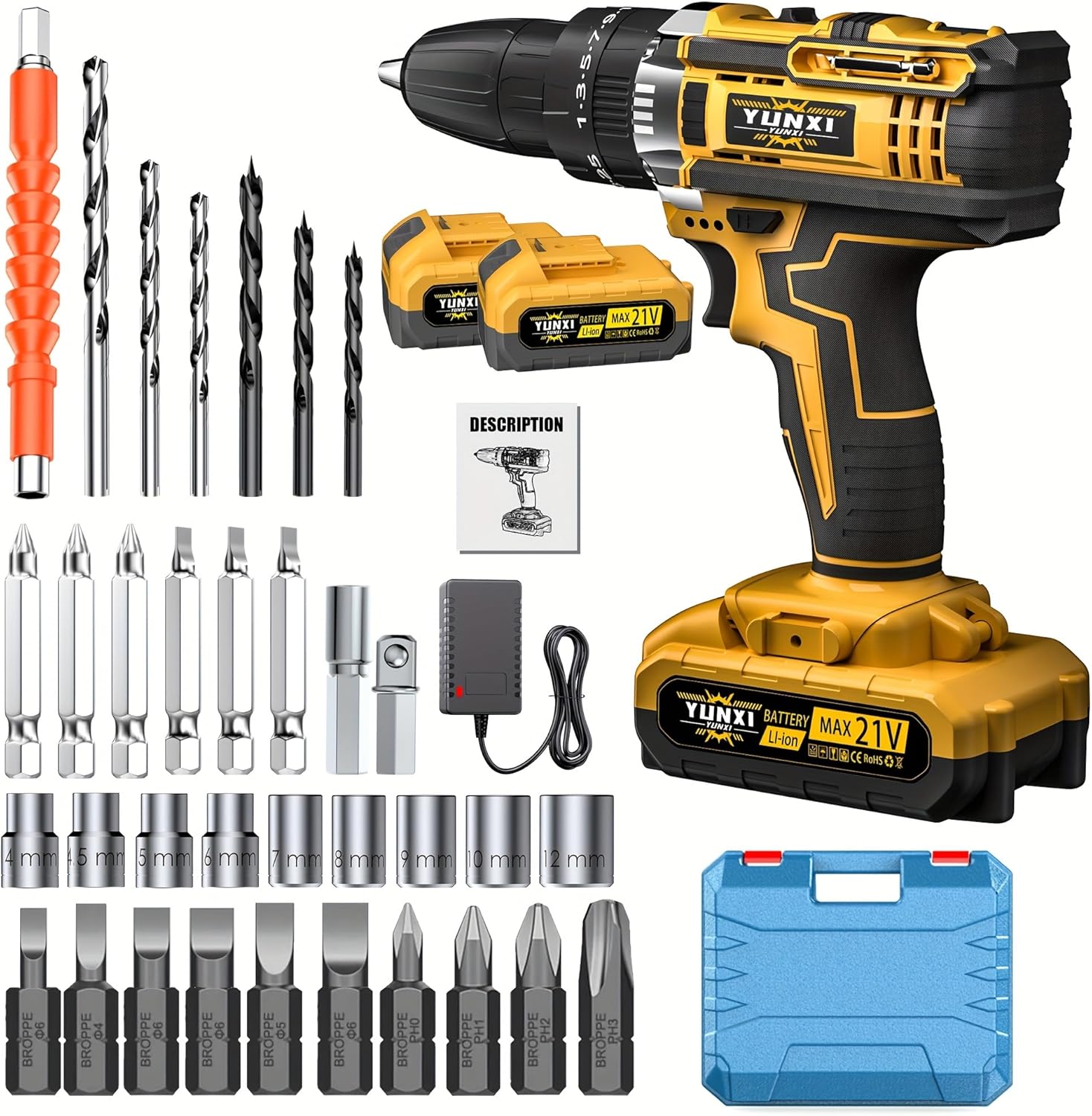 cordless impact drill, optional set and box, pistol bit and electric screwdriver function, work light speed control torque adjustment (High capacity battery * 1+tool box)