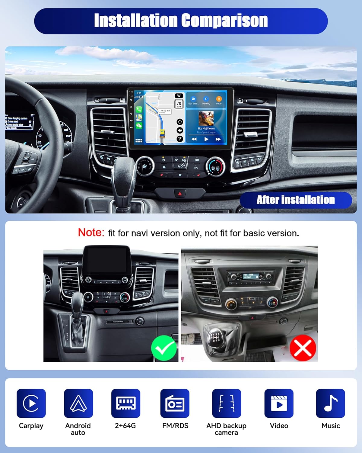 Comparison of car dashboard before and after CAMECHO car stereo installation, highlighting compatibility.