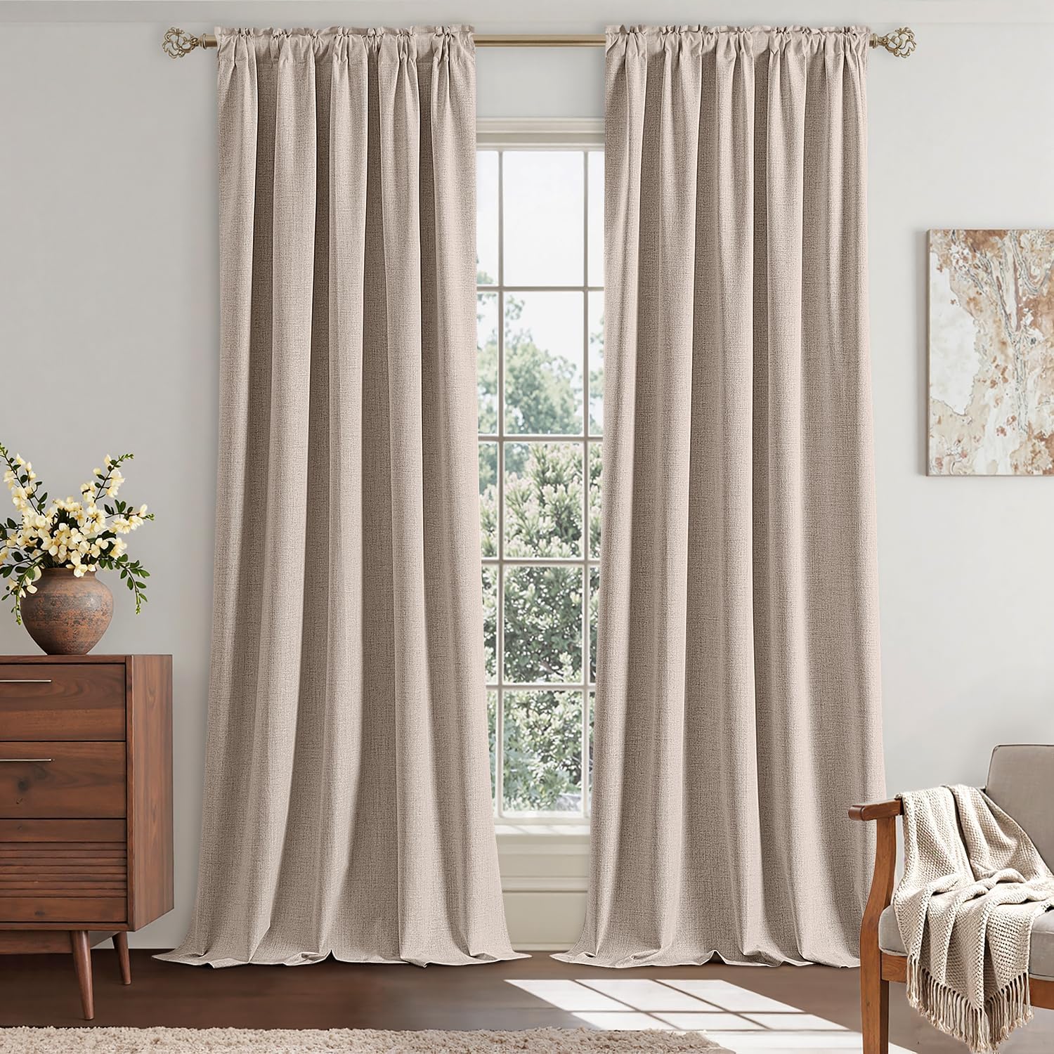 EMEMA Beige Linen Blackout Curtains 96 inch Length 2 Panels for Bedroom Living Room Thermal Insulated 100% Black Out Linen Drapes Room Darkening Curtains Luxury Decor for Window, 42 x 96 Inch