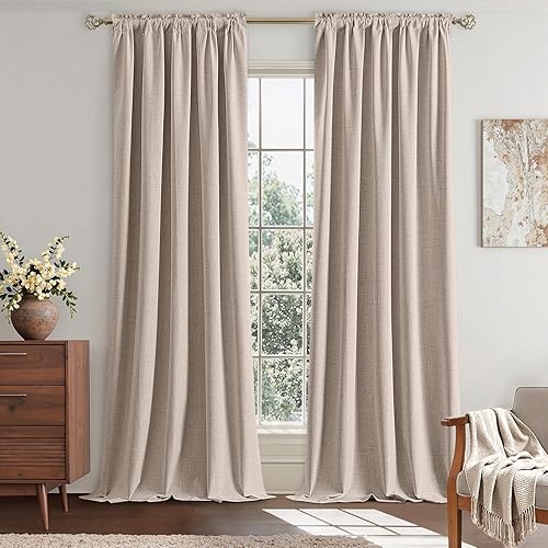 Miniatura 7 de EMEMA Cortinas opacas de lino beige de 84 pulgadas de largo, 2 paneles para dormitorio, sala de estar, aislamiento térmico, cortinas de lino 100%