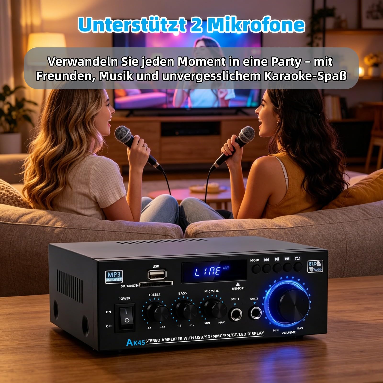 AK45 HiFi wzmacniacz Bluetooth Mini Stereo Audio Receiver 2.0-kanałowy wzmacniacz dźwięku z radiem FM, wejściem na kartę SD/USB, mikrofon do karaoke, regulator basów i wysokości, do domu, samochodu