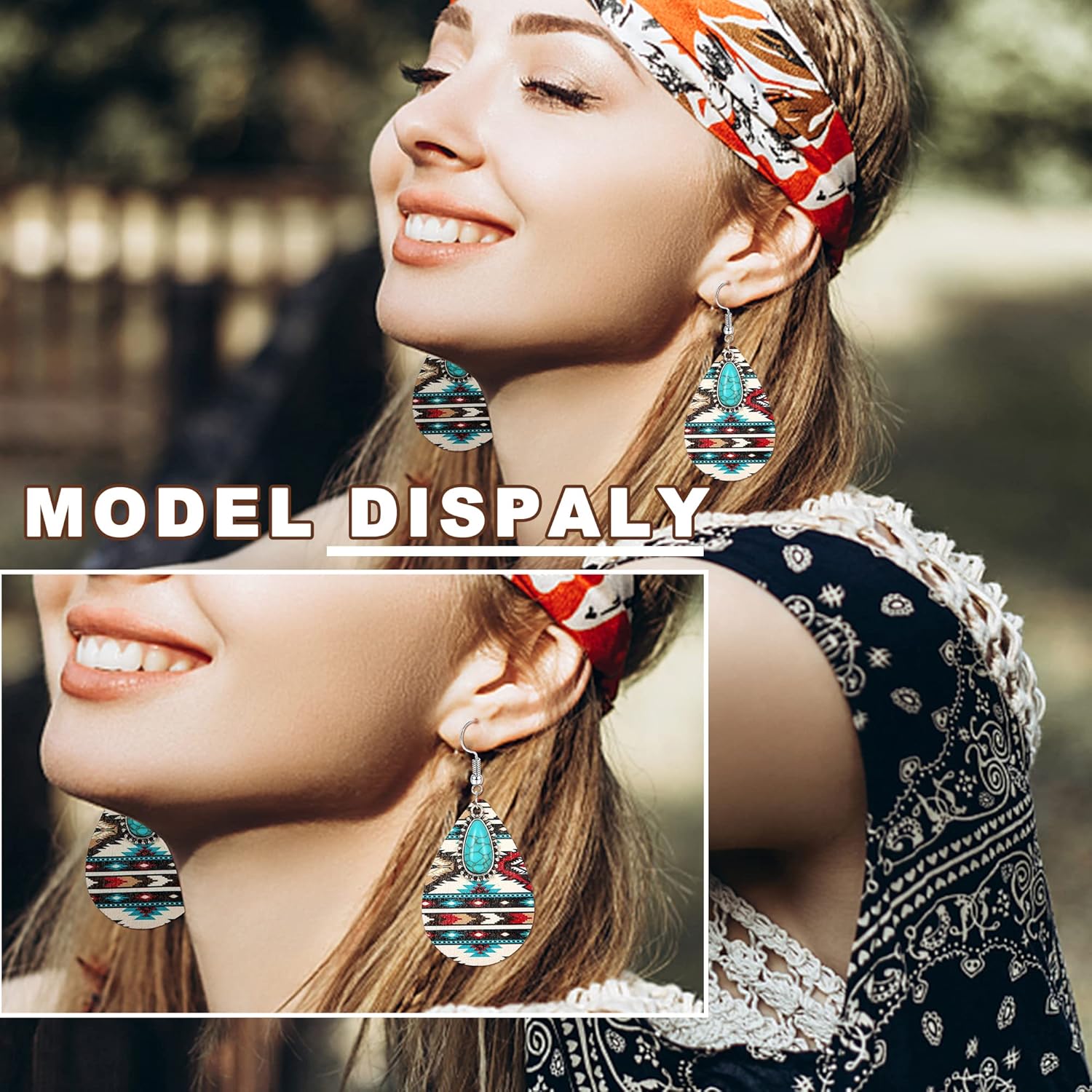 Florideco Western Bohemian Jewelry Set for Women - Turquoise Faux Leather Cuff Bracelet, Pendant Choker Necklace, Hoop Dangle Earrings, and Joint Knuckle Rings - Image 4