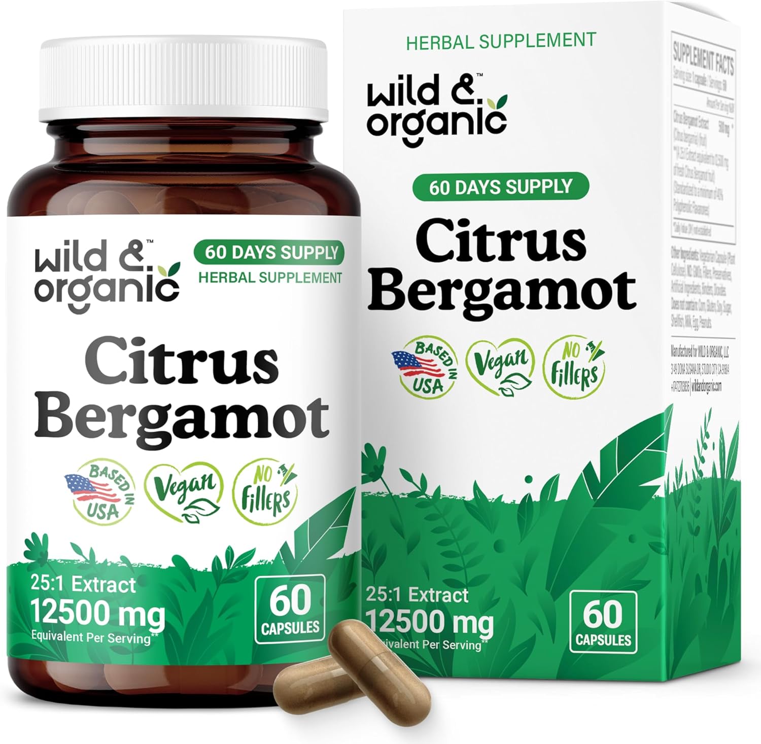 Wild & Organic Citrus Bergamot Capsules 12500 mg - Antioxidant & Overall Support - Citrus Bergamot Extract Capsules - Bergamia Fruit Powder Supplement - Vegan, No Fillers, Non-GMO - 60 Count