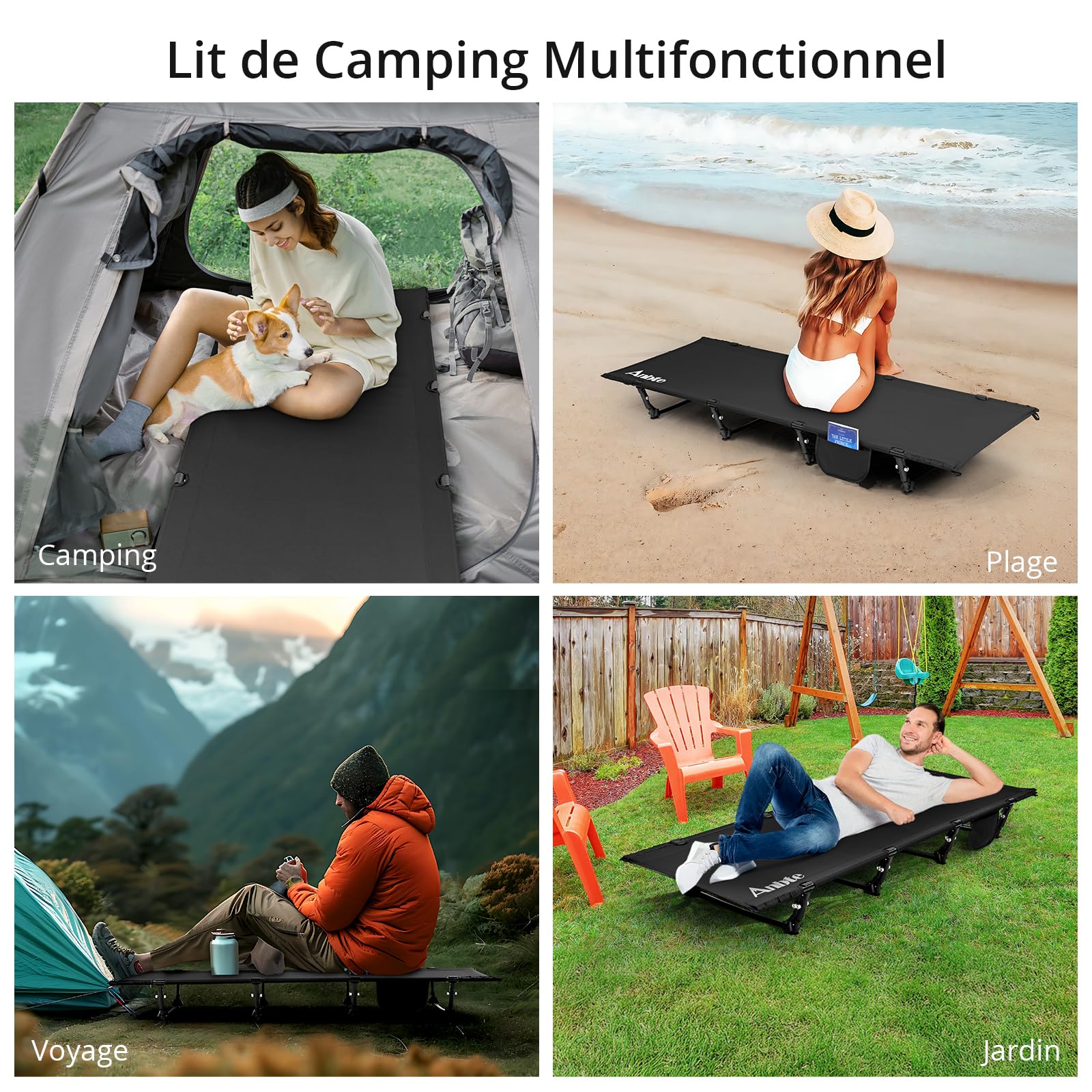 Anbte Lit de Camp Pliable 1 Personne 191×70×20 cm, Montage Facile avec Pince Latérale, Lit de Camping Portable avec Sac, Charge 125 kg, pour Camping, Plage, Jardin