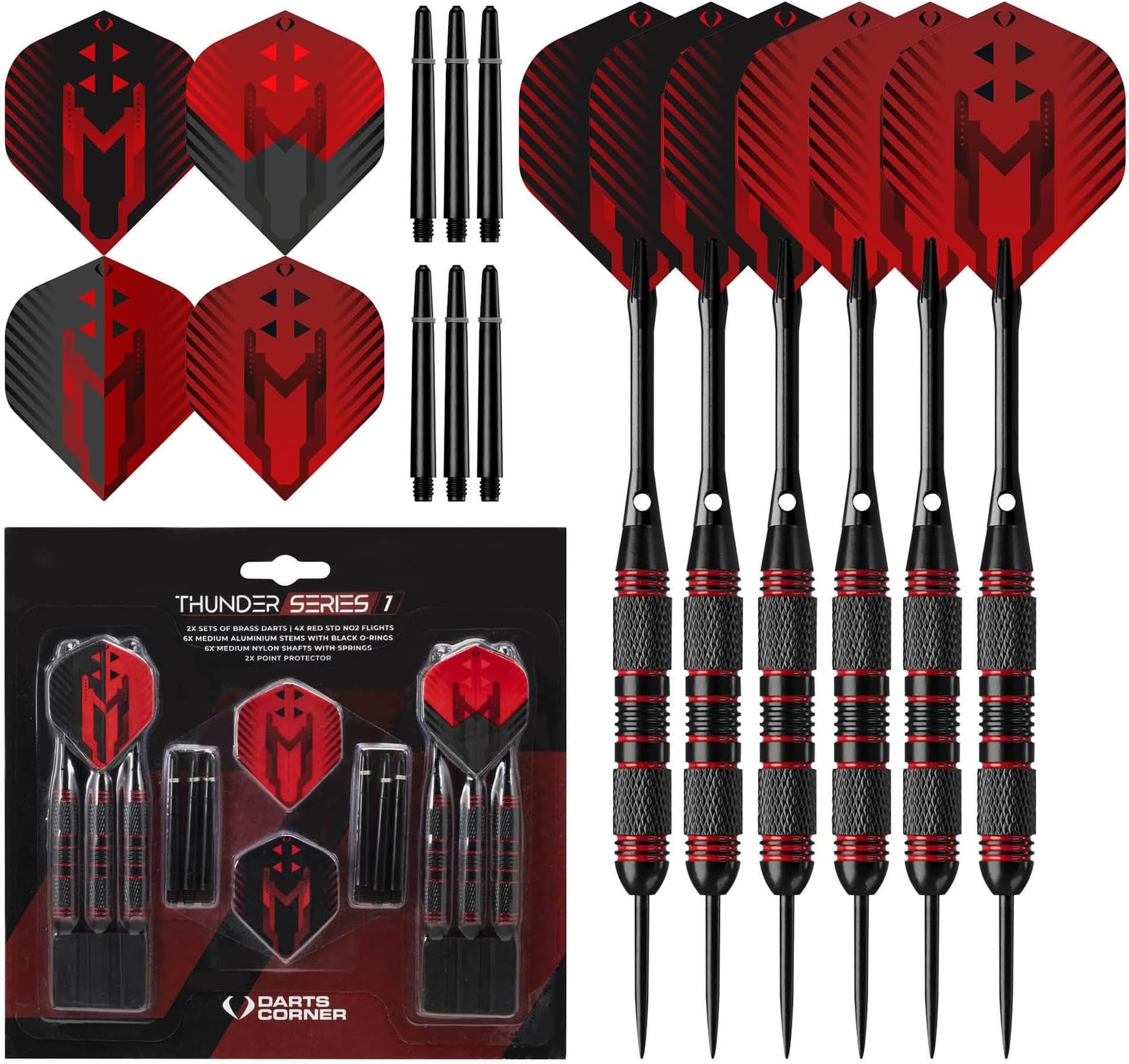 Darts Corner X1066 Thunder | 24 Piece Steel Tip Dart Set with Brass Barrels, Flights and Aluminium Shafts, Series 1, Black/Red